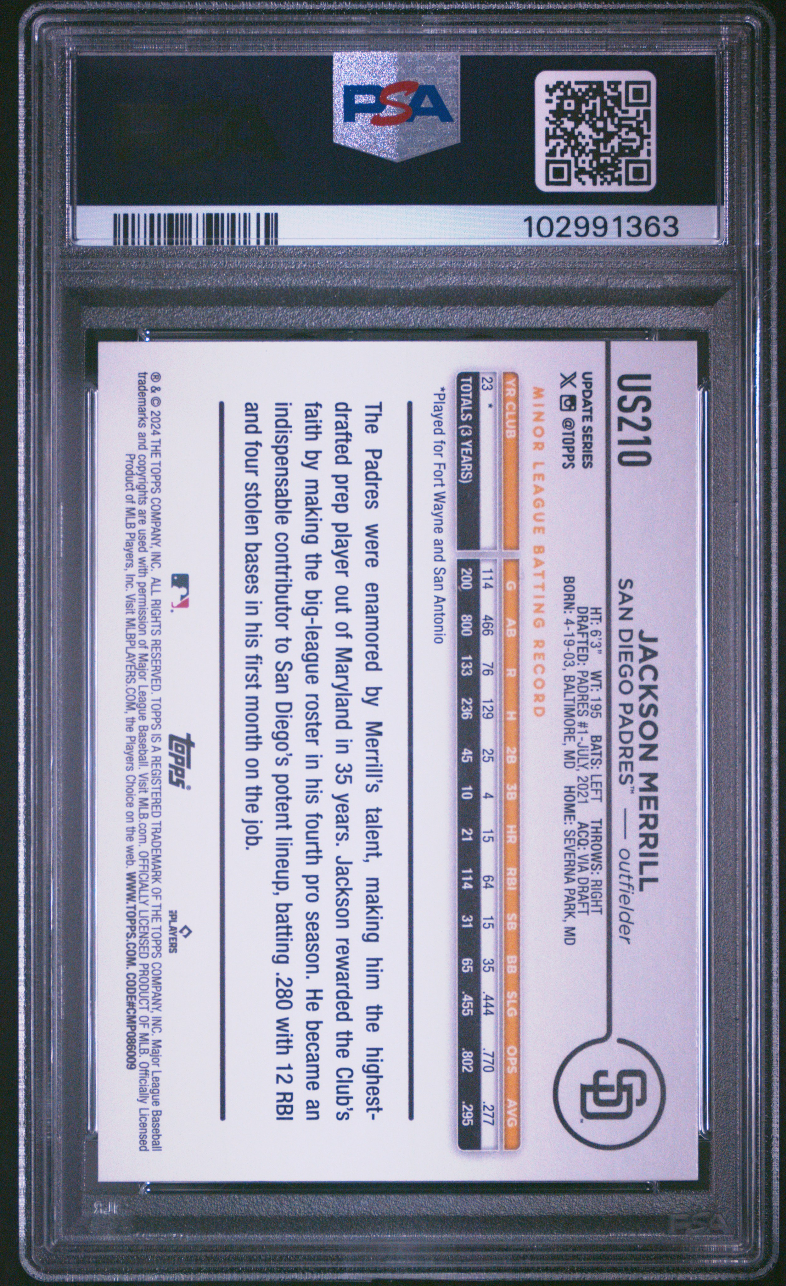 2024 Topps Update Jackson Merrill #Us210 Mint 9 back