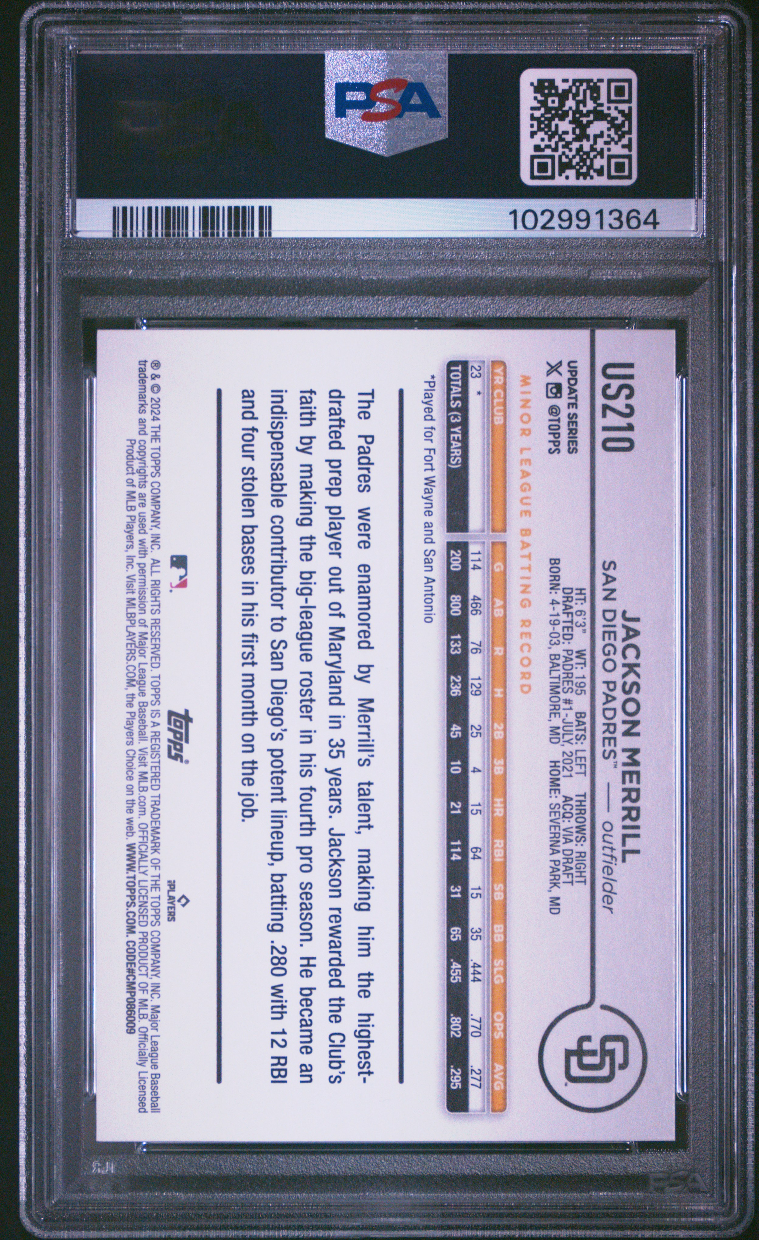 2024 Topps Update Jackson Merrill #Us210 Mint 9 back