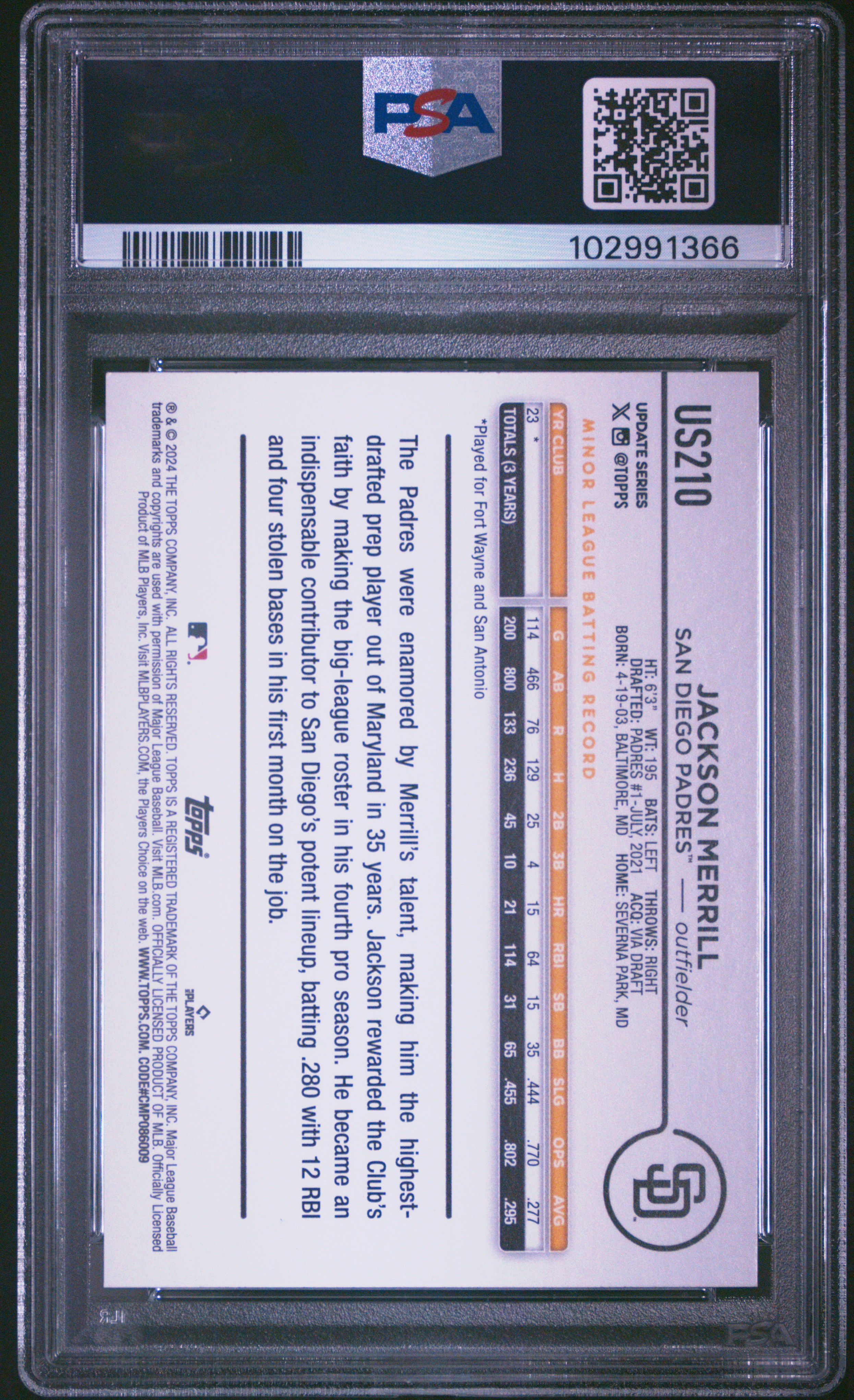 2024 Topps Update Jackson Merrill #Us210 Mint 9 back