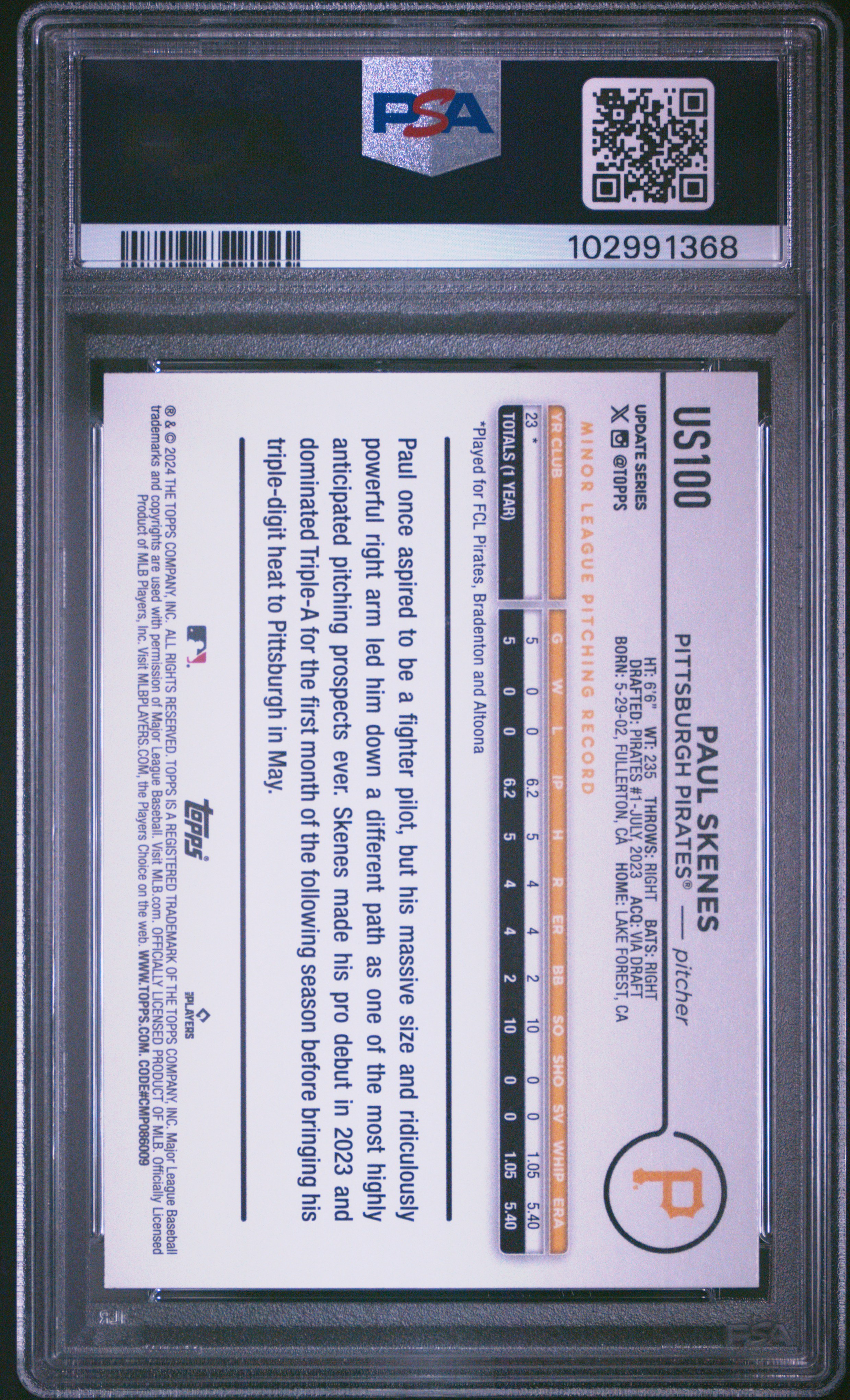 2024 Topps Update Paul Skenes #Us100 Mint 9 back