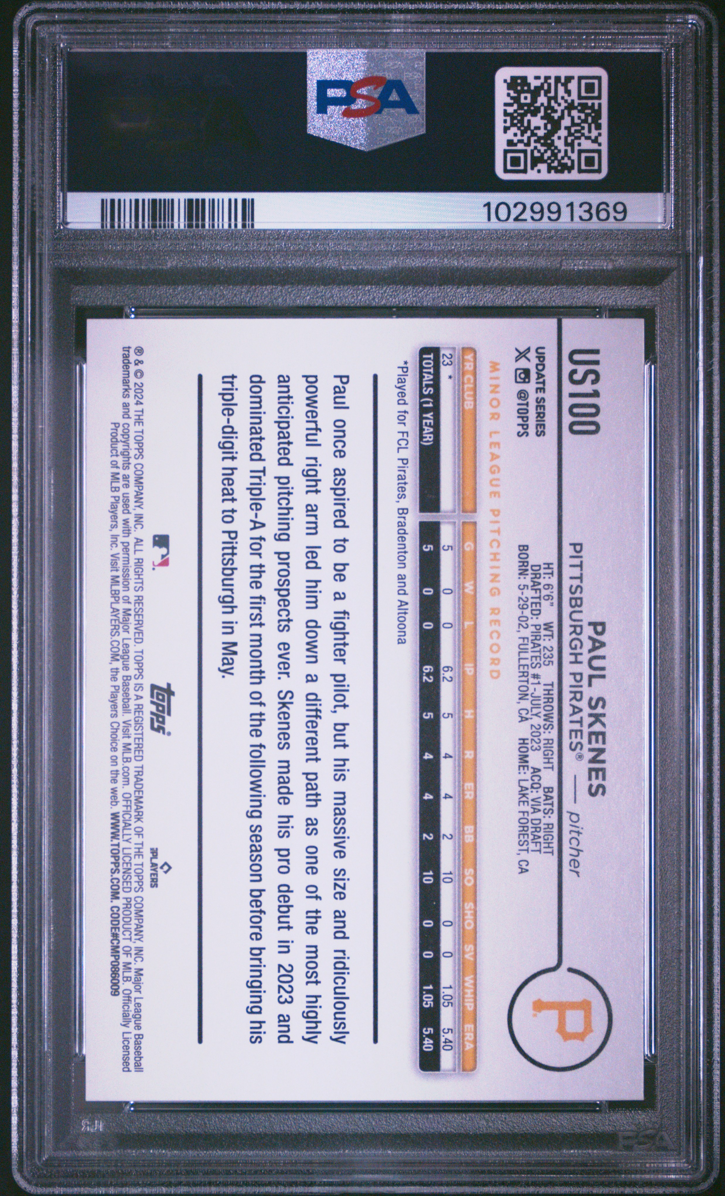 2024 Topps Update Paul Skenes #Us100 Gem Mt 10 back