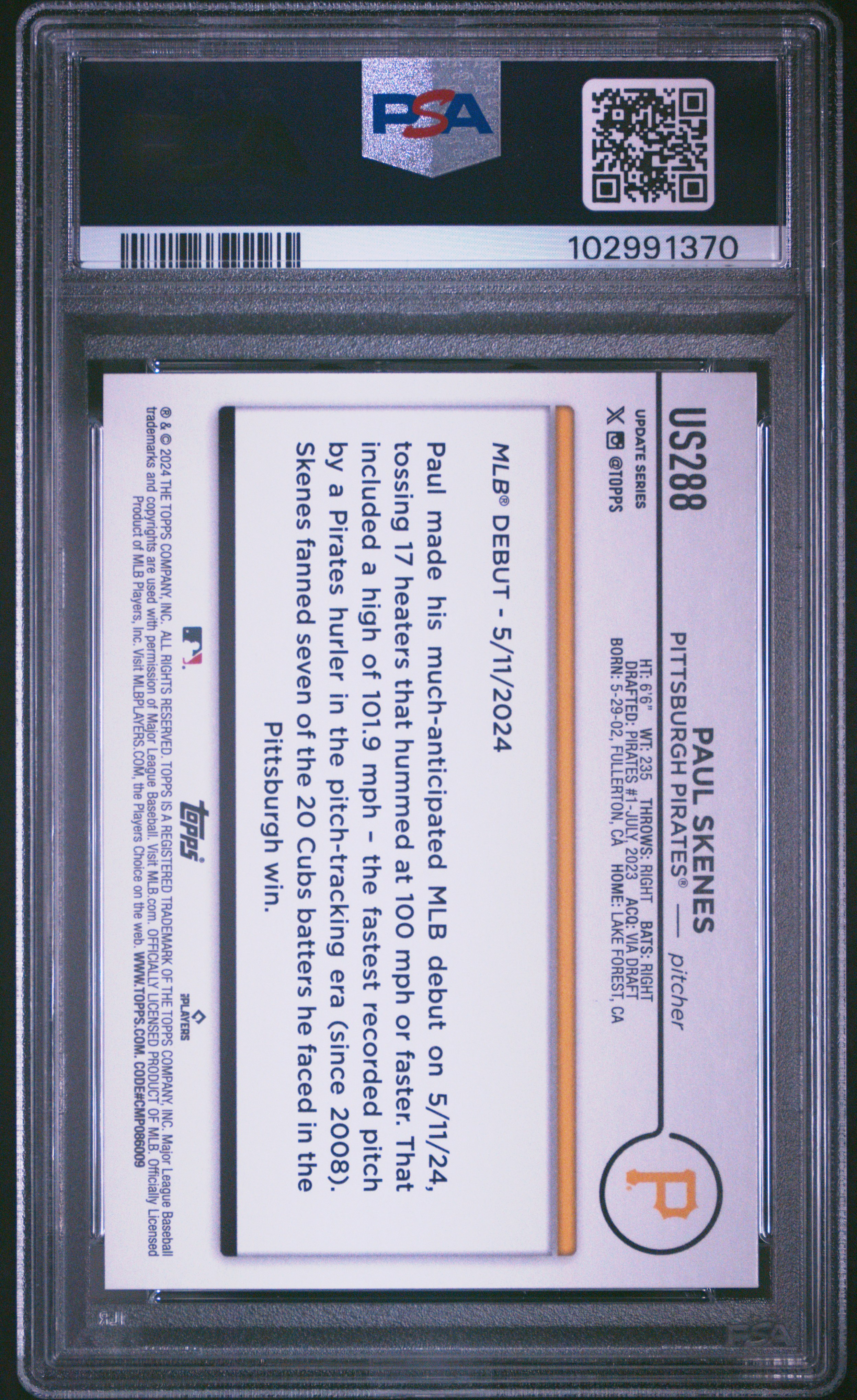 2024 Topps Update Paul Skenes #Us288 Mint 9 back