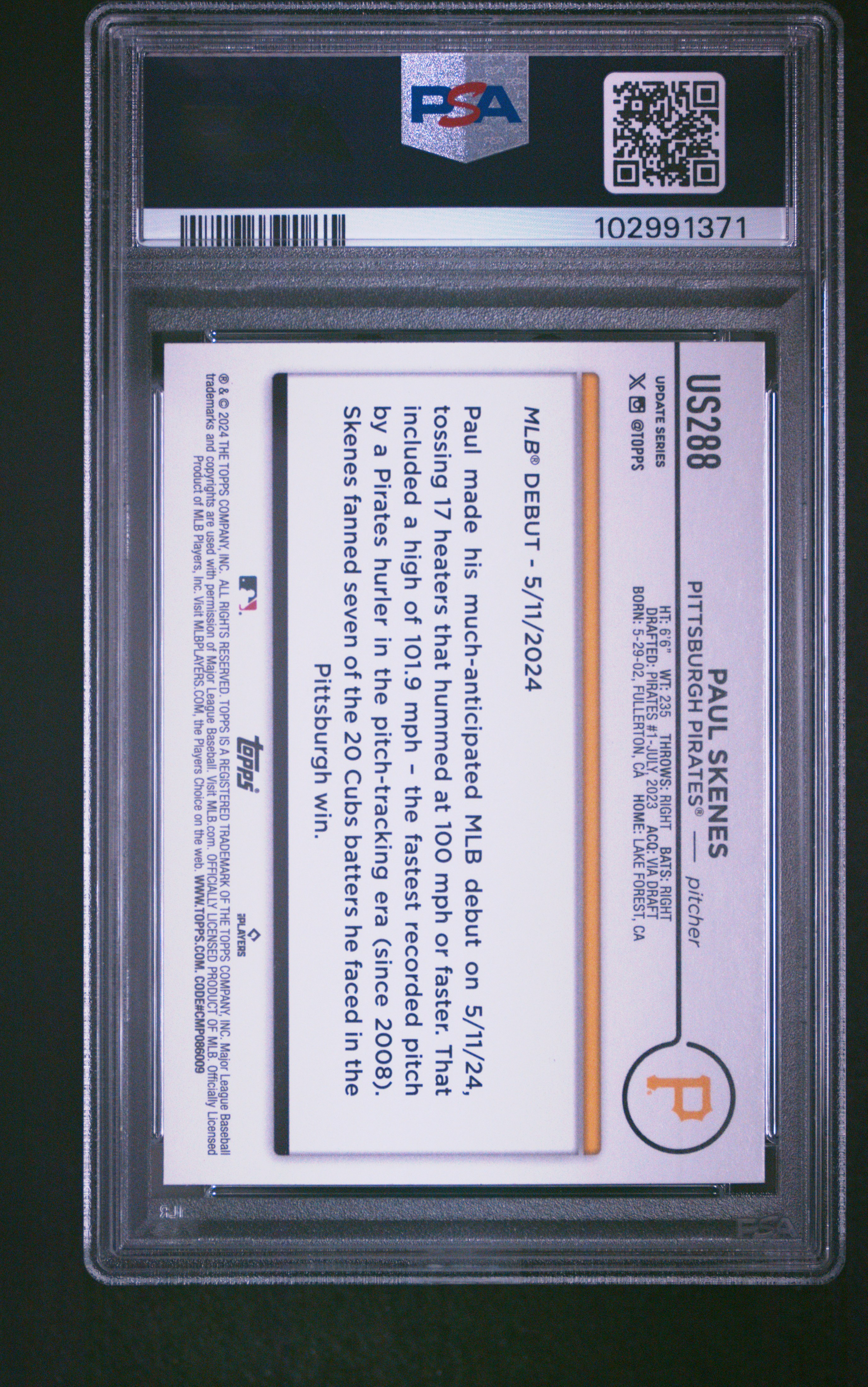 2024 Topps Update Paul Skenes #Us288 Mint 9 back