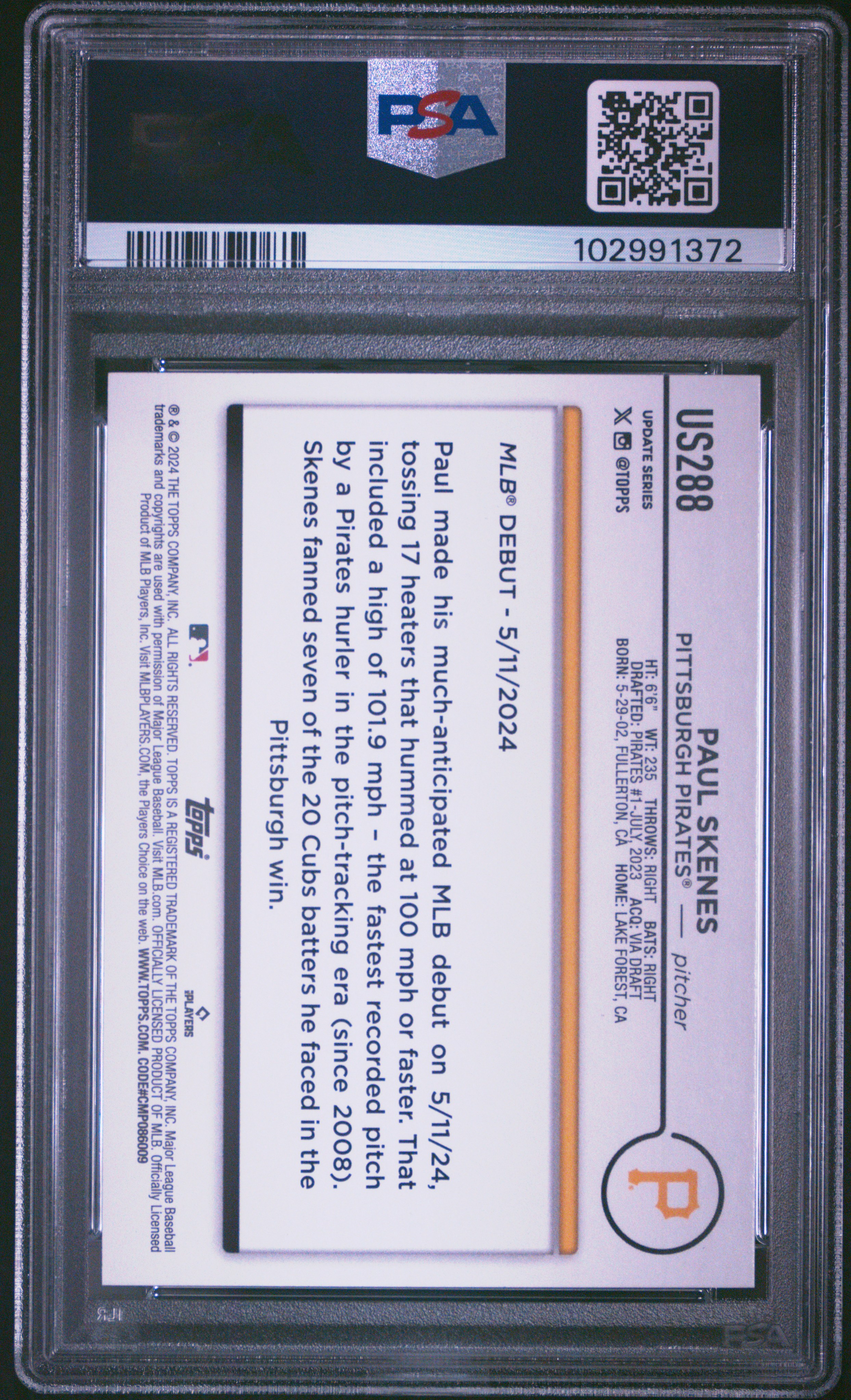 2024 Topps Update Paul Skenes #Us288 Gem Mt 10 back