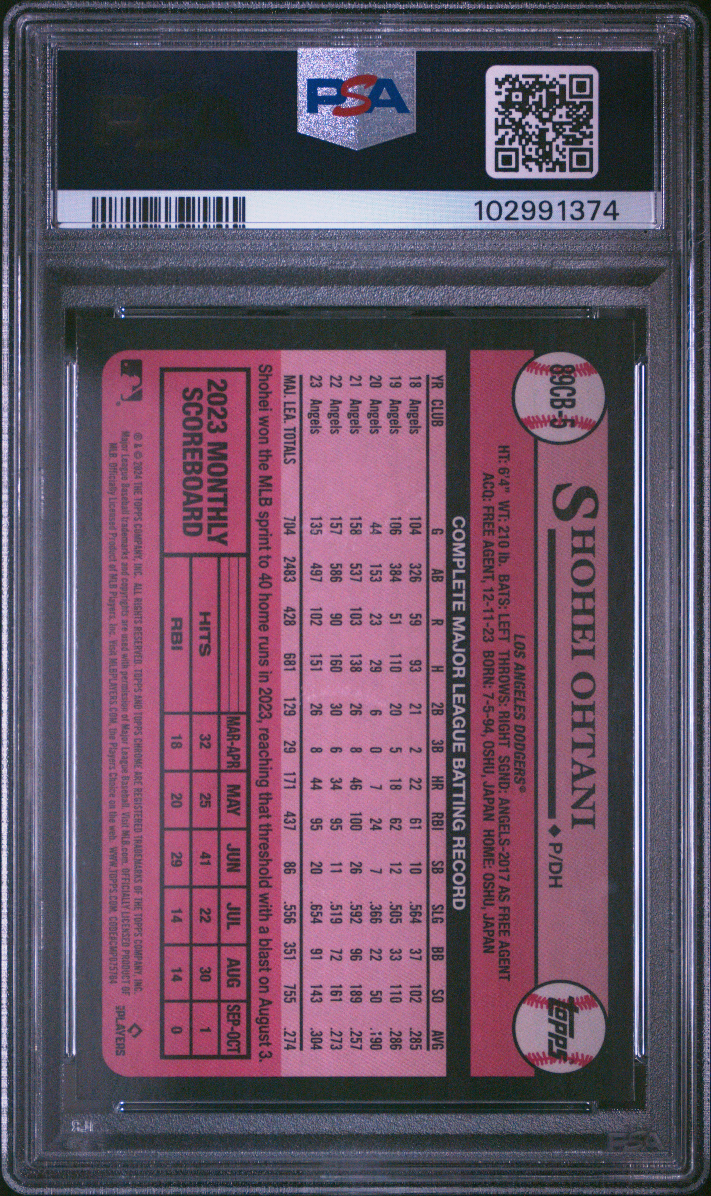 2024 Topps Chrome 1989 Topps Baseball Shohei Ohtani #5 Gem Mt 10 back