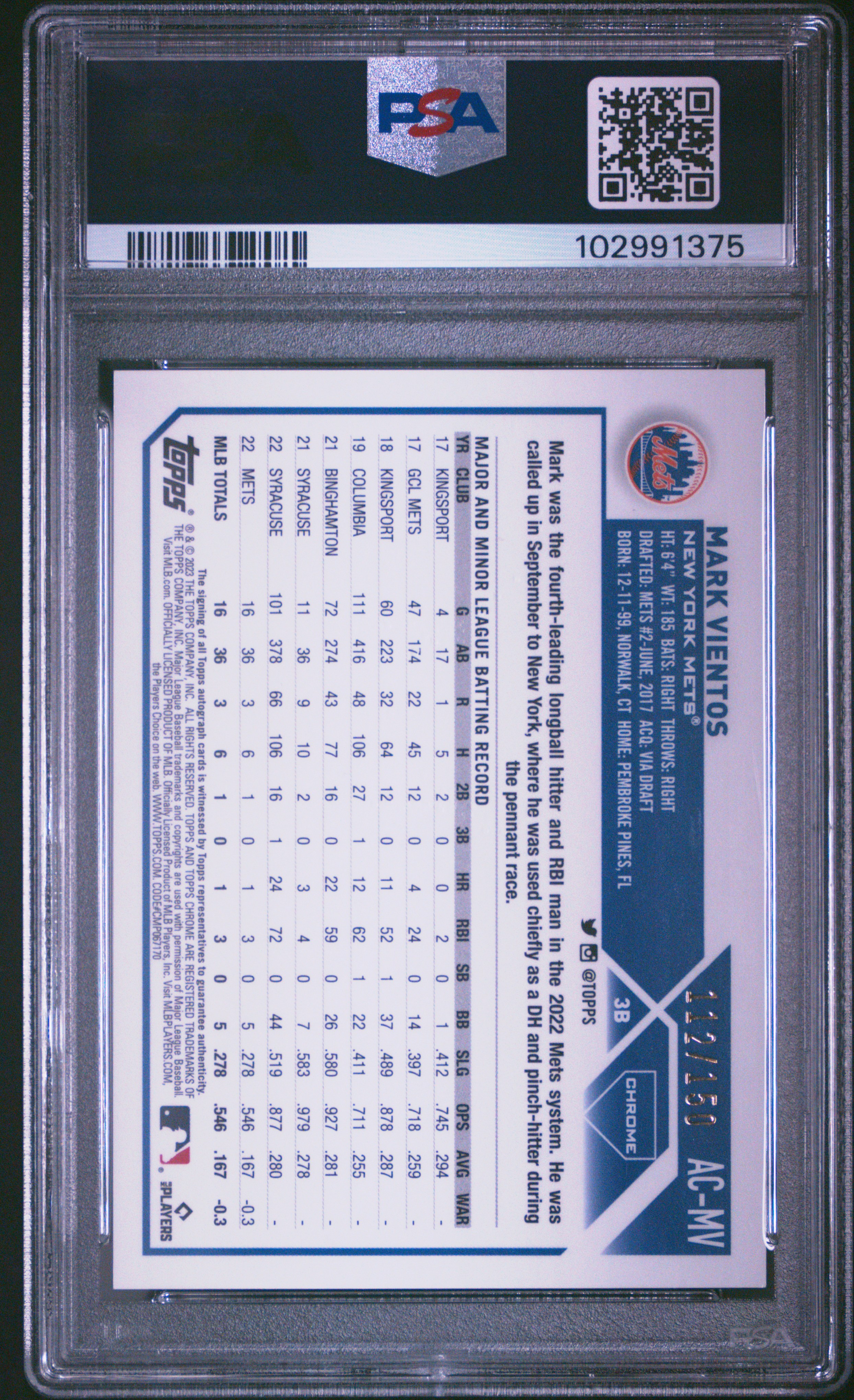 2023 Topps Chrome Update Autograph Mark Vientos #Acmv (Autograph-Blue Refractor) Gem Mt 10 back