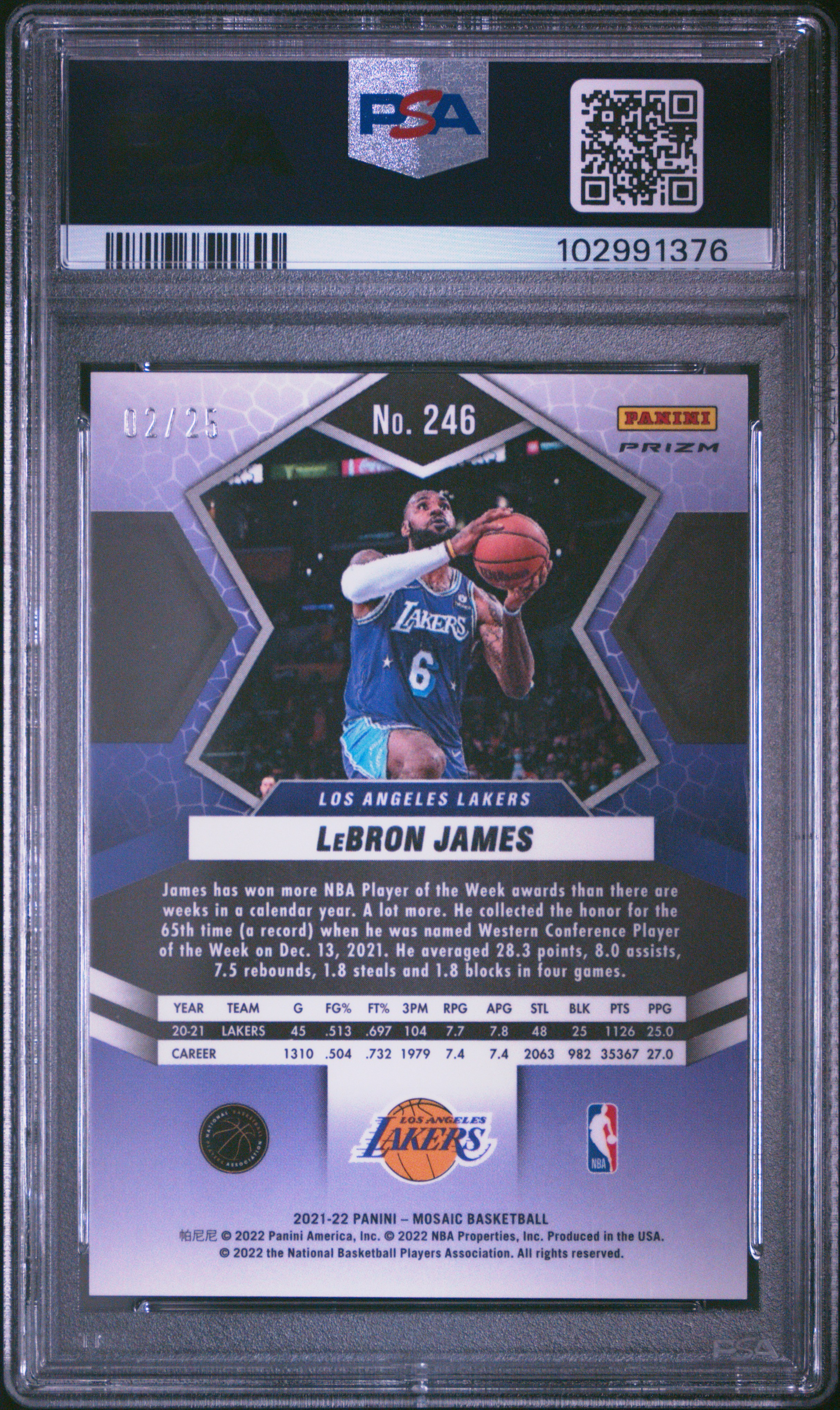 2021 Panini Mosaic Lebron James #246 (Orange Fluorescent) Gem Mt 10 back