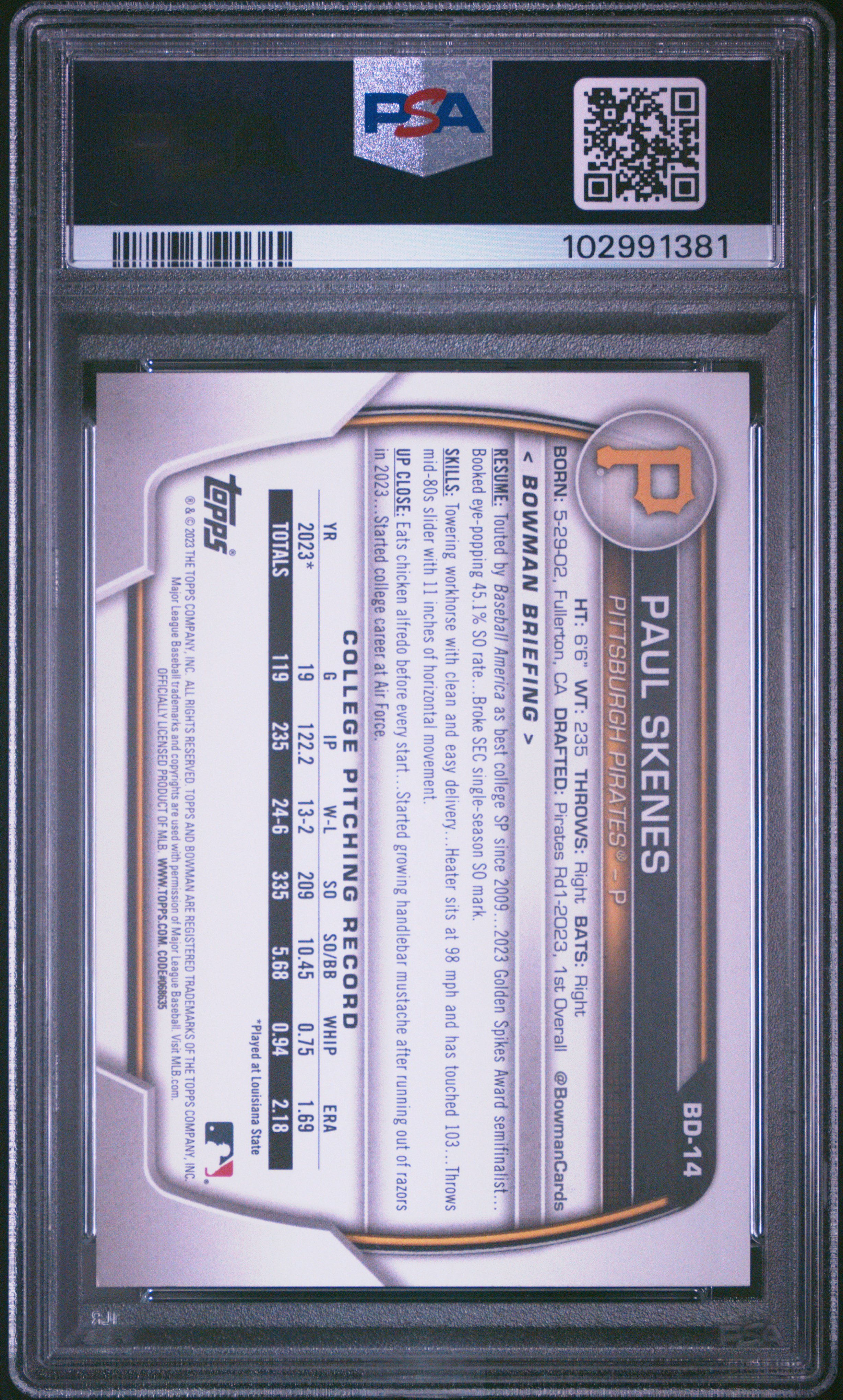 2023 Bowman Draft Paul Skenes #Bd14 Mint 9 back