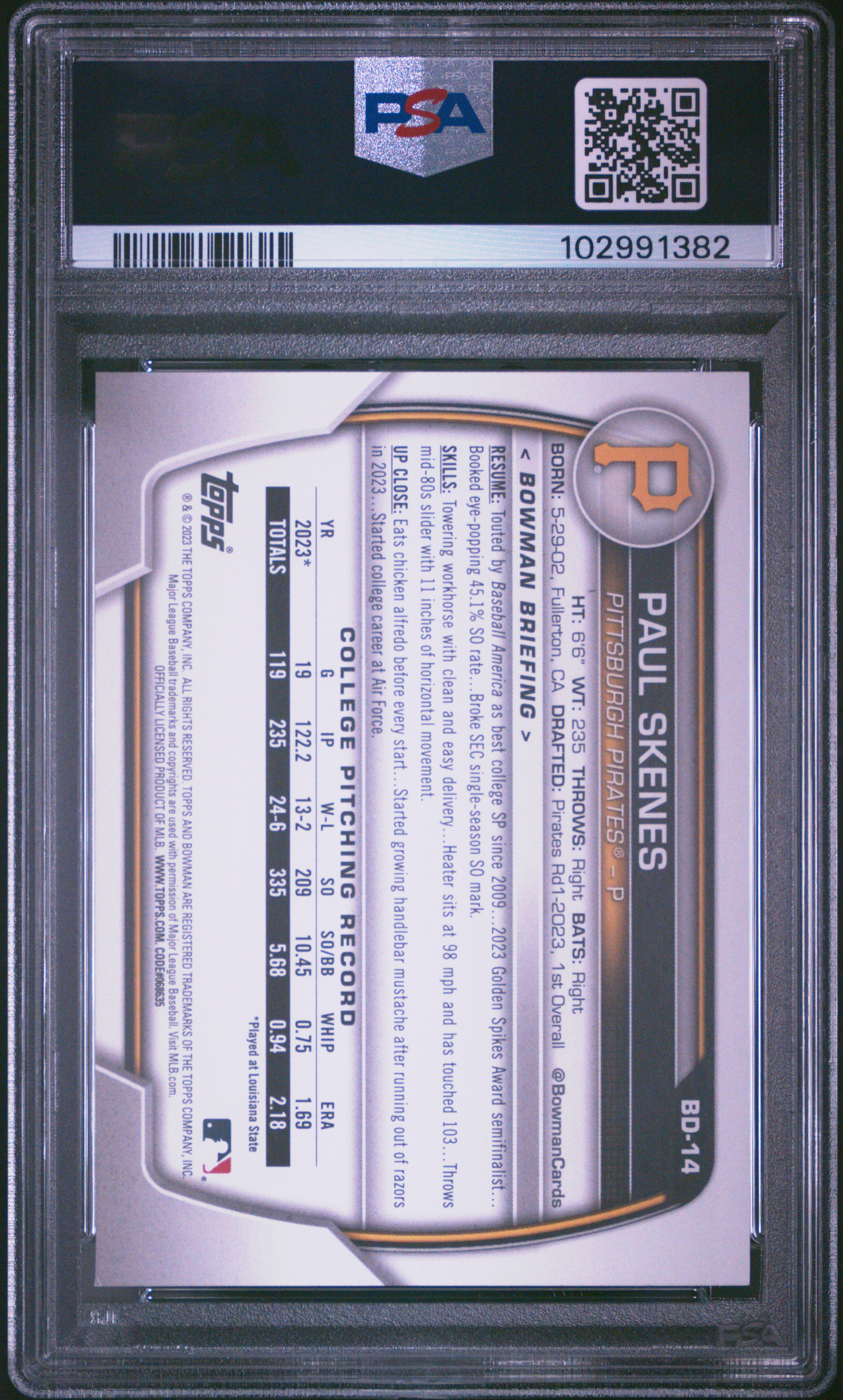 2023 Bowman Draft Paul Skenes #Bd14 Nm-Mt 8 back