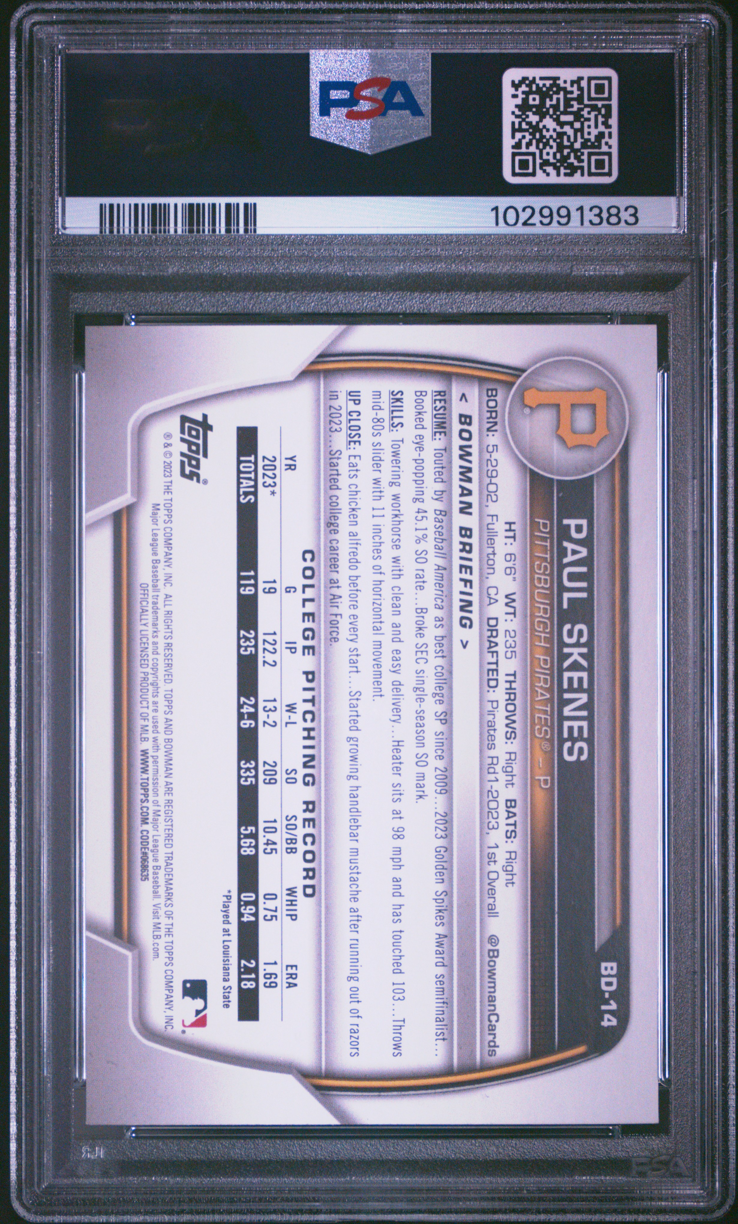 2023 Bowman Draft Paul Skenes #Bd14 Nm-Mt 8 back