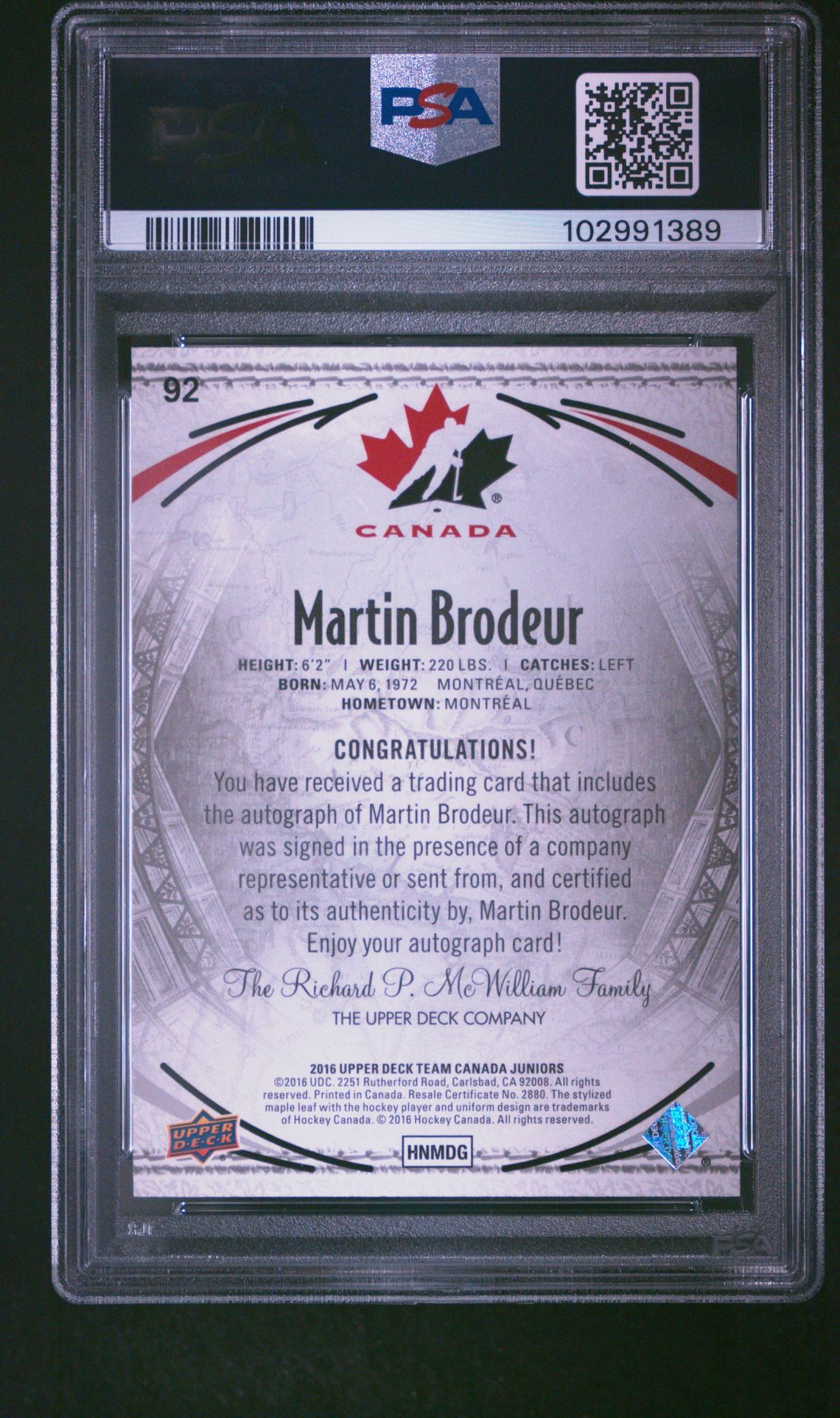 2016 Upper Deck Team Canada Juniors Martin Brodeur #92 (Autograph-Black) Gem Mt 10 back