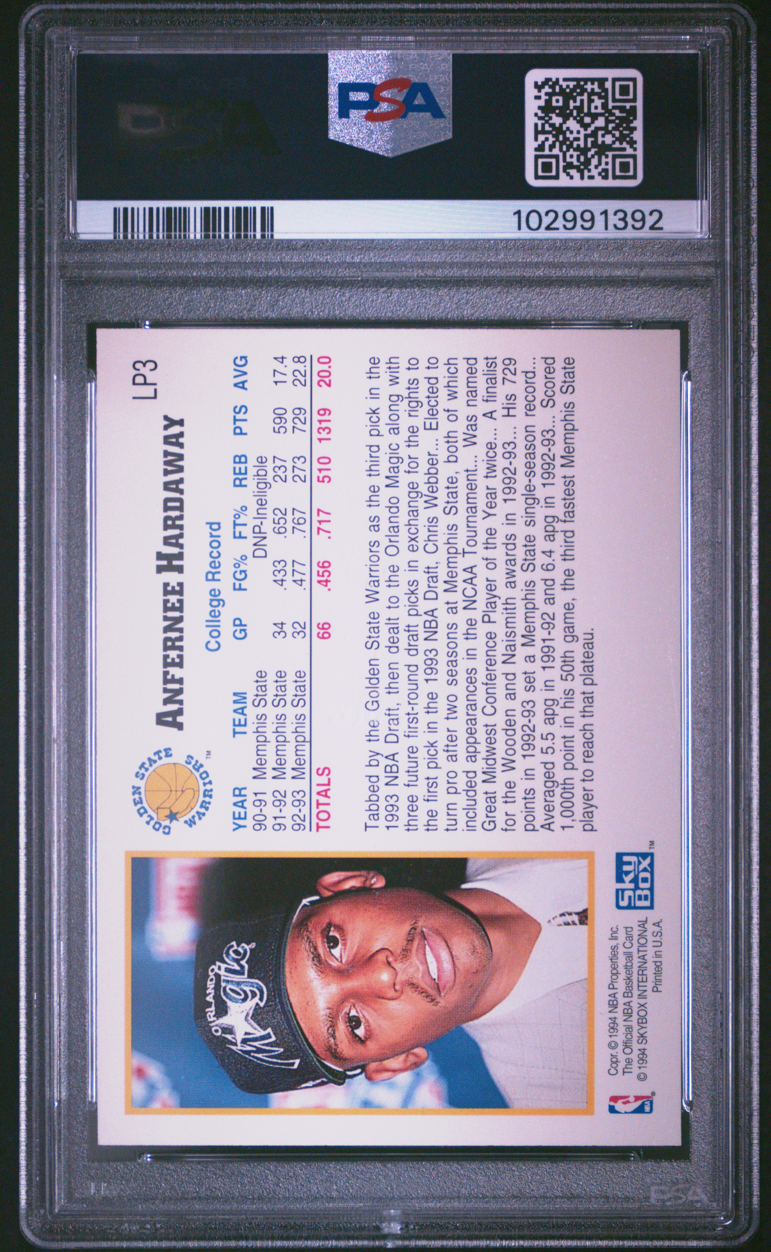 1993 Hoops Draft Redemption Anfernee Hardaway #Lp3 (Draft Redemption) Gem Mt 10 back