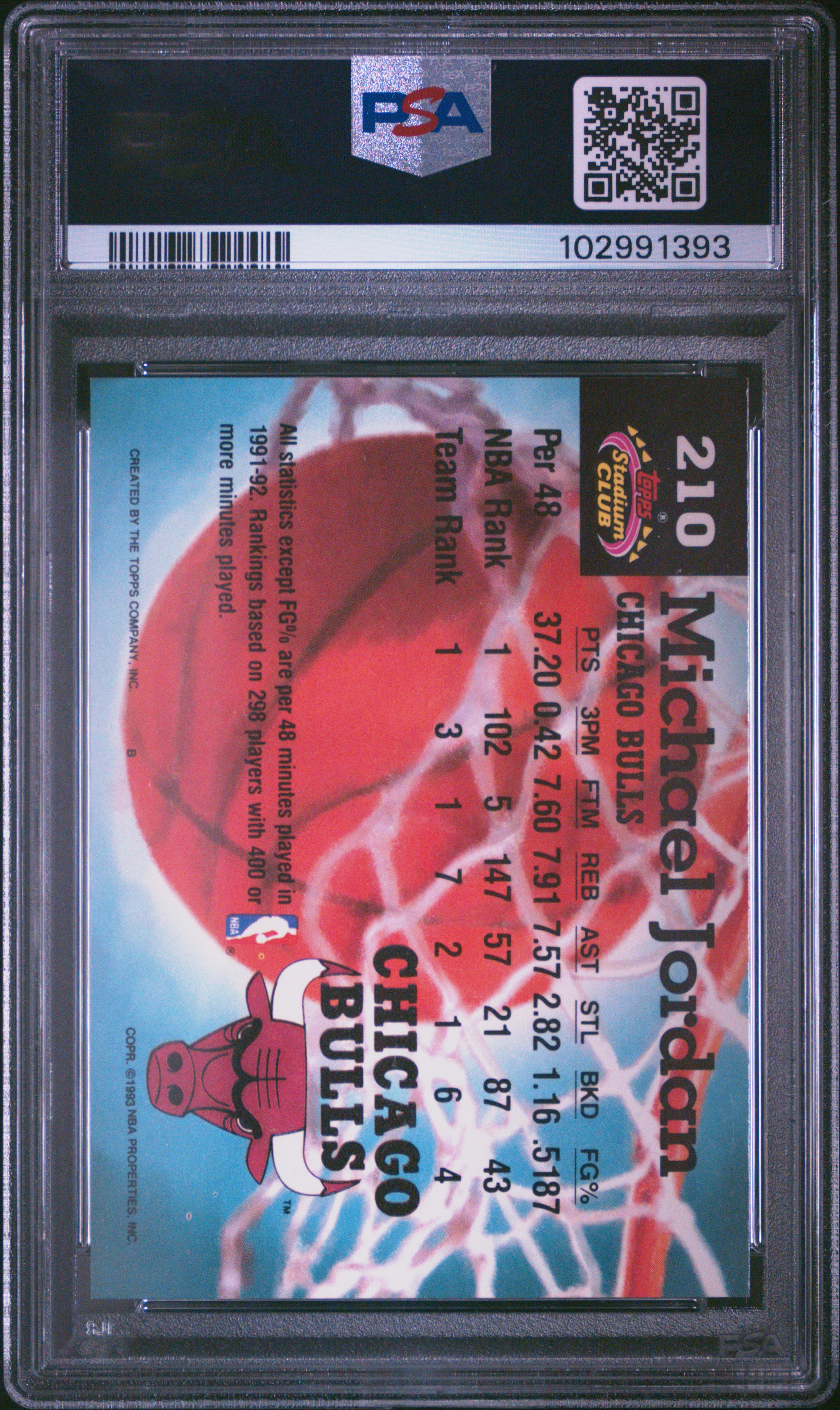 1992 Stadium Club Michael Jordan #210 Mint 9 back