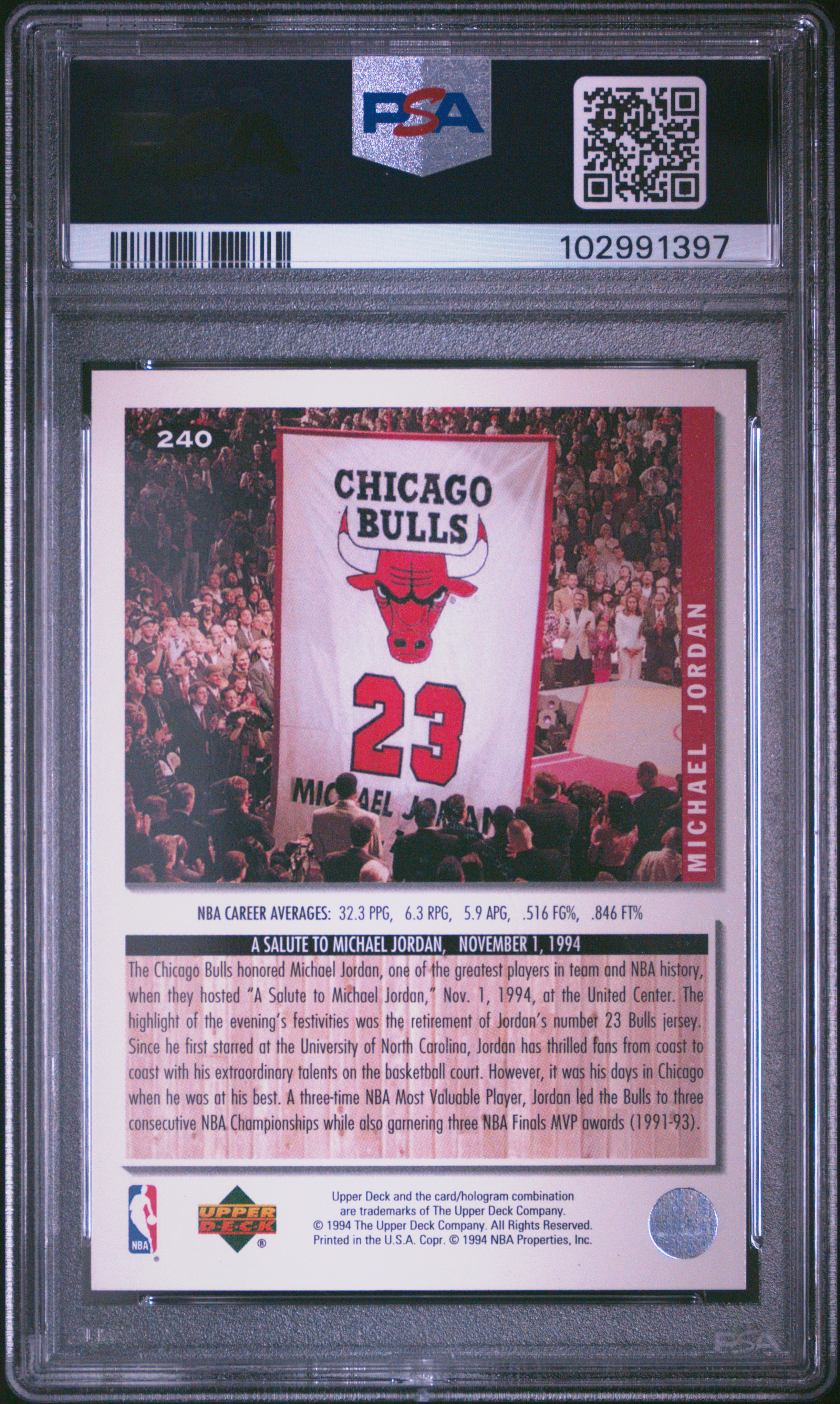 1994 Collector's Choice Michael Jordan #240 (Silver Signature) Gem Mt 10 back