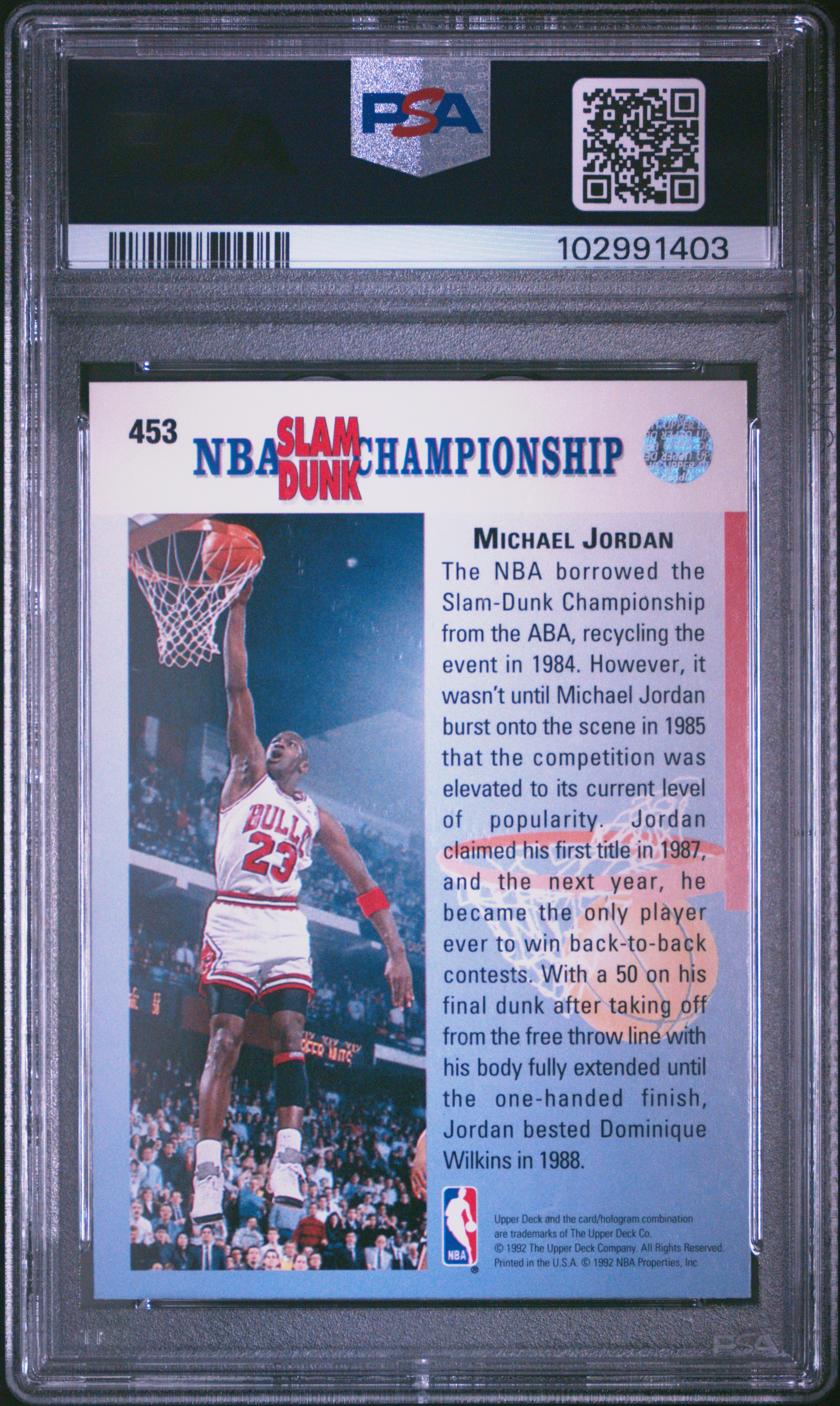 1992 Upper Deck Michael Jordan #453 (Error, Champ. In 85 & 90) Mint 9 back