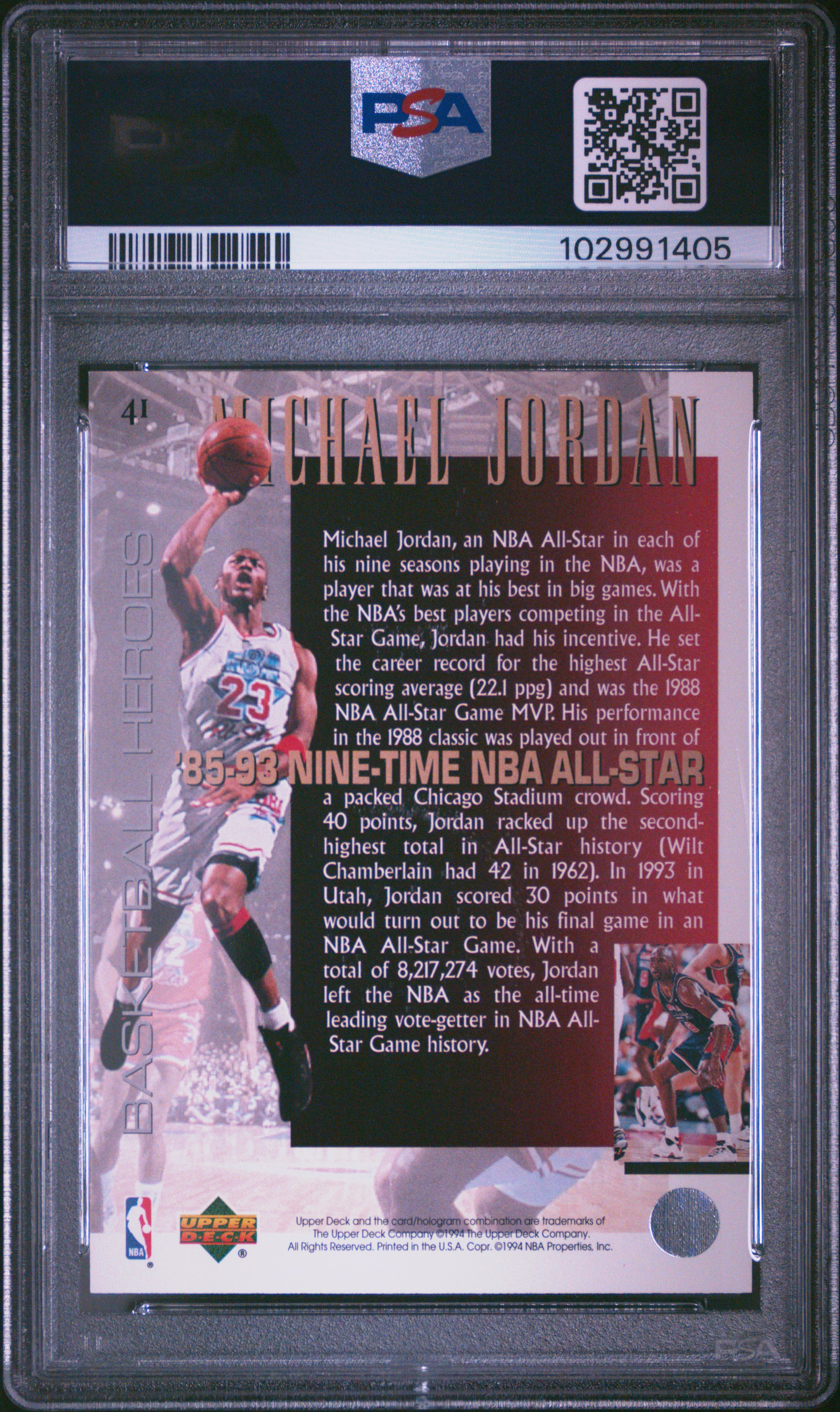 1994 Upper Deck Jordan Heroes Michael Jordan #41 (9 Time Nba All-Star) Mint 9 back