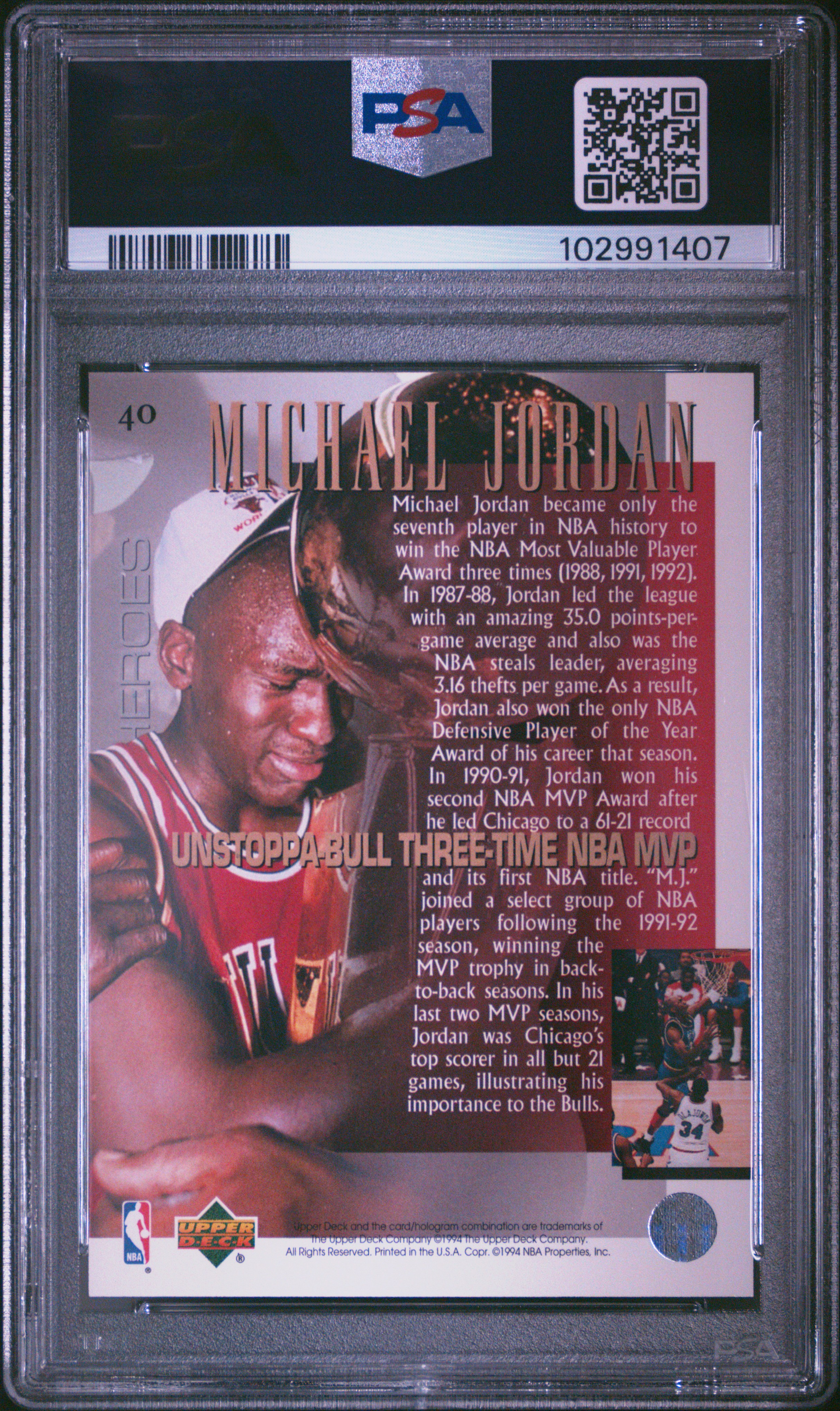1994 Upper Deck Jordan Heroes Michael Jordan #40 (Three-Time Nba Mvp) Mint 9 back