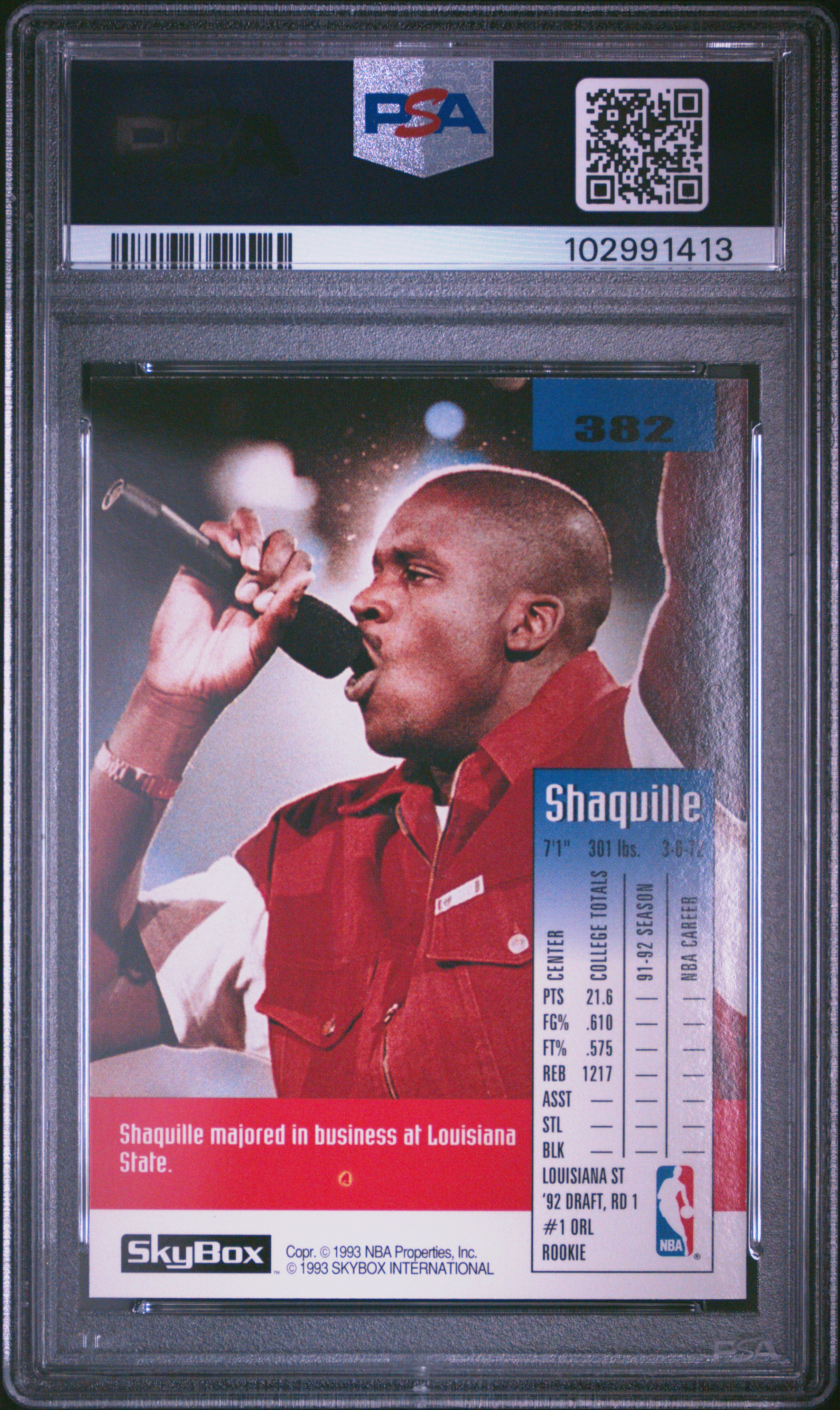 1992 Skybox Shaquille O'neal #382 Mint 9 back