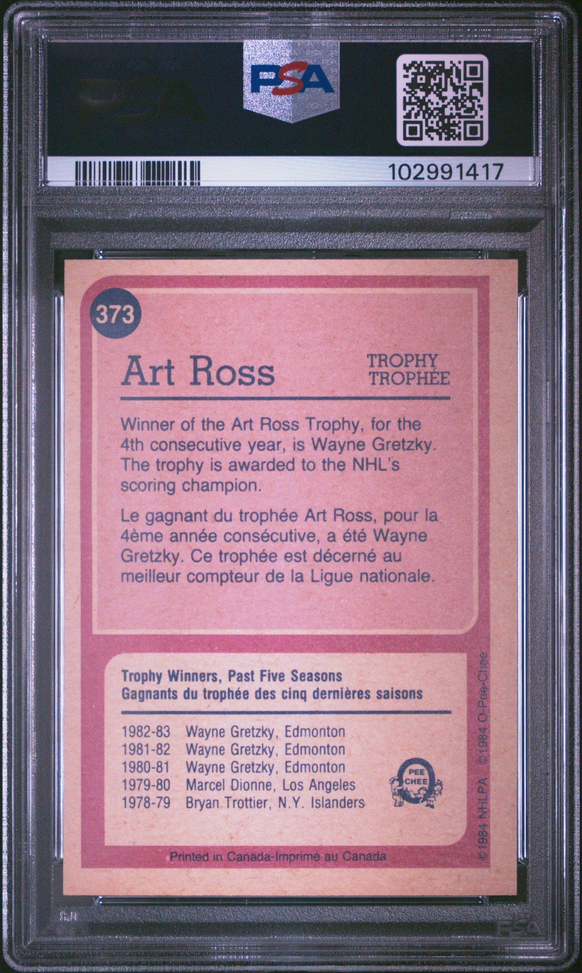 1984 O-Pee-Chee Wayne Gretzky #373 (Art Ross Trophy) Mint 9 back