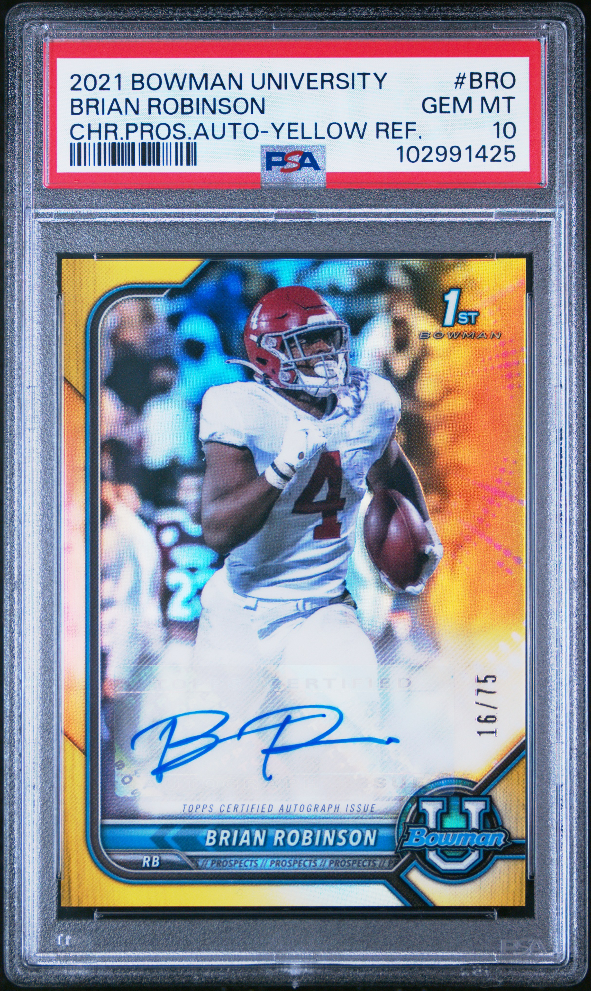 2021 Bowman University Chrome Prospect Autographs Brian Robinson #Bro (Chr.pros.auto-Yellow Ref.) Gem Mt 10 front