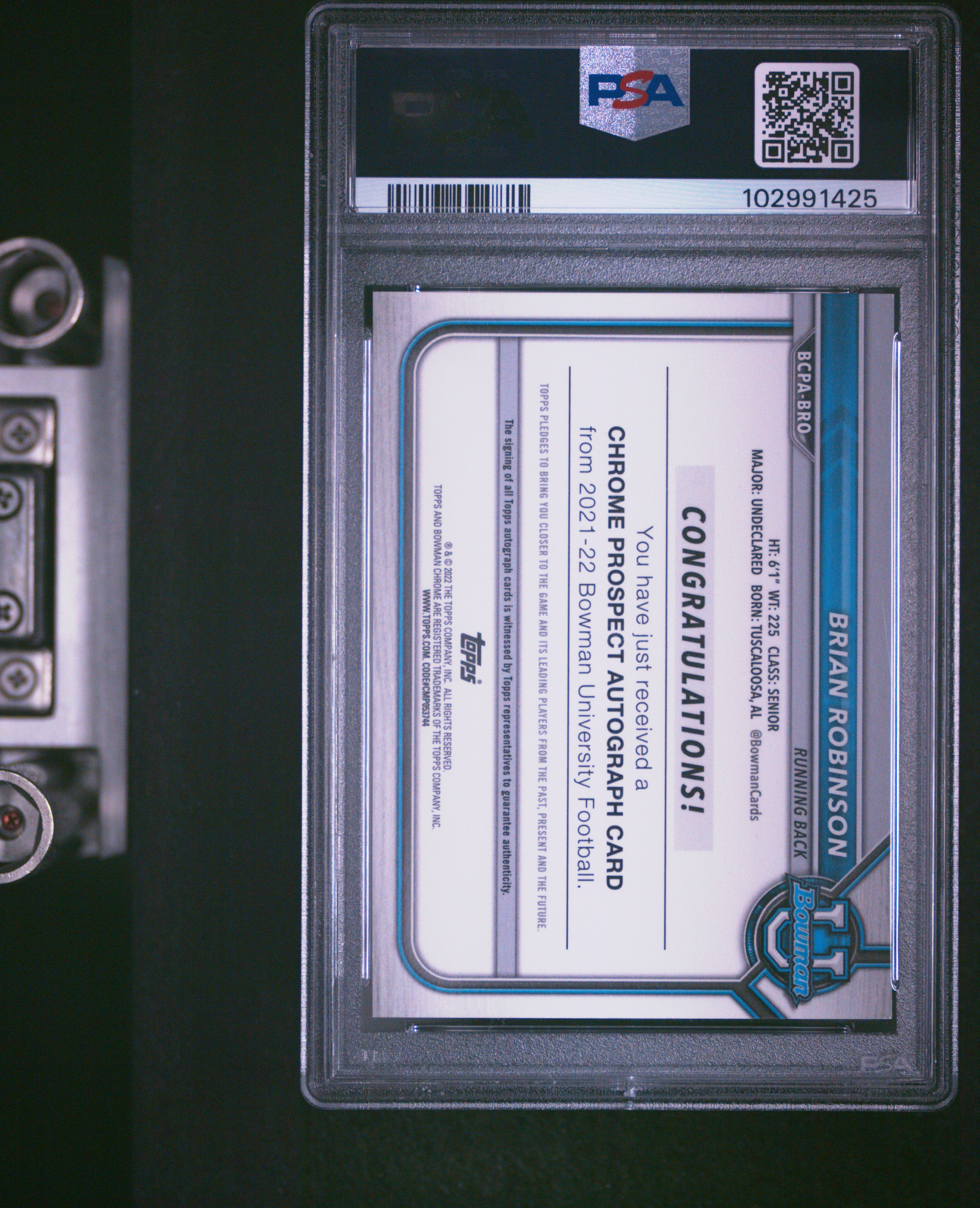 2021 Bowman University Chrome Prospect Autographs Brian Robinson #Bro (Chr.pros.auto-Yellow Ref.) Gem Mt 10 back