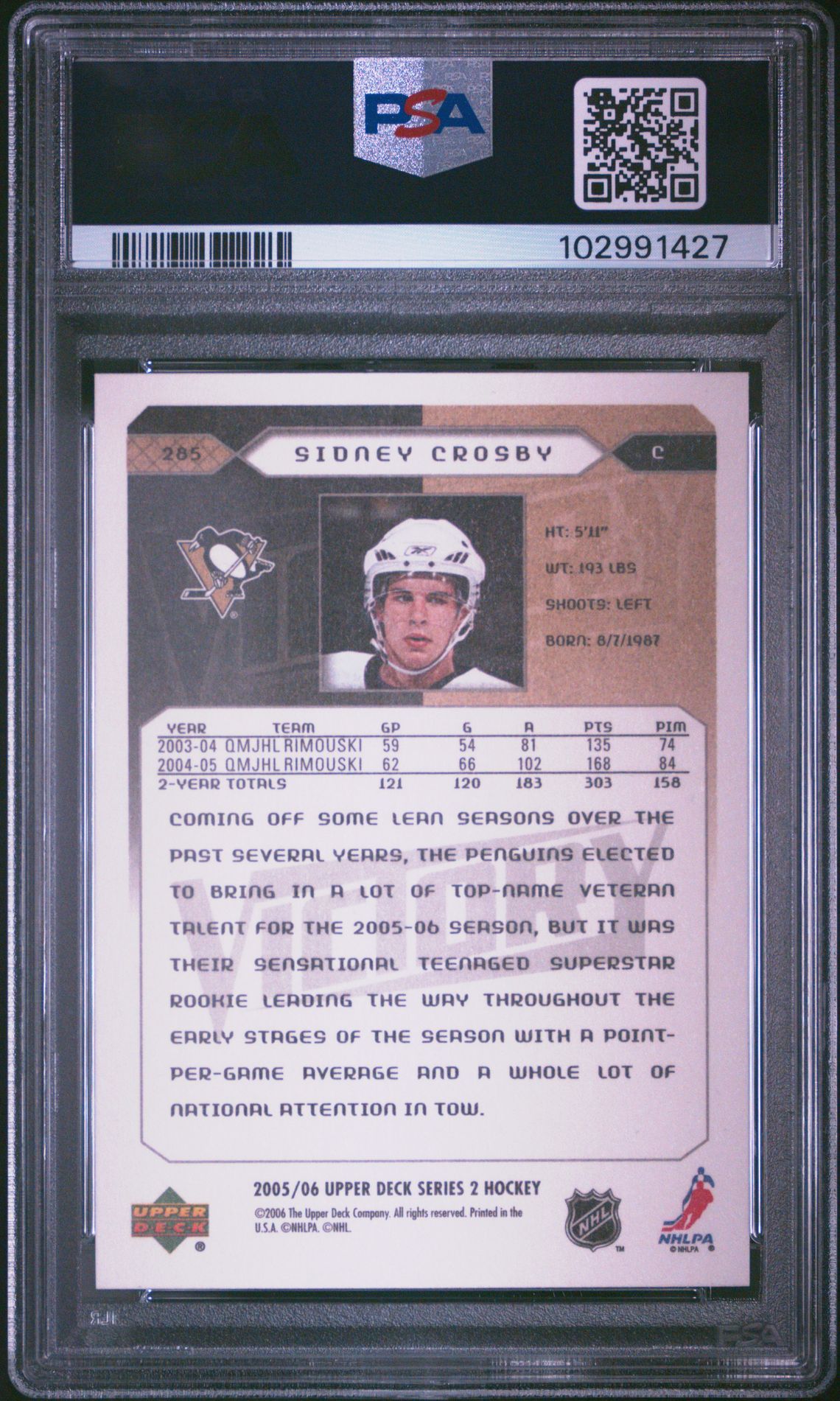 2005 Upper Deck Victory Sidney Crosby #285 Gem Mt 10 back