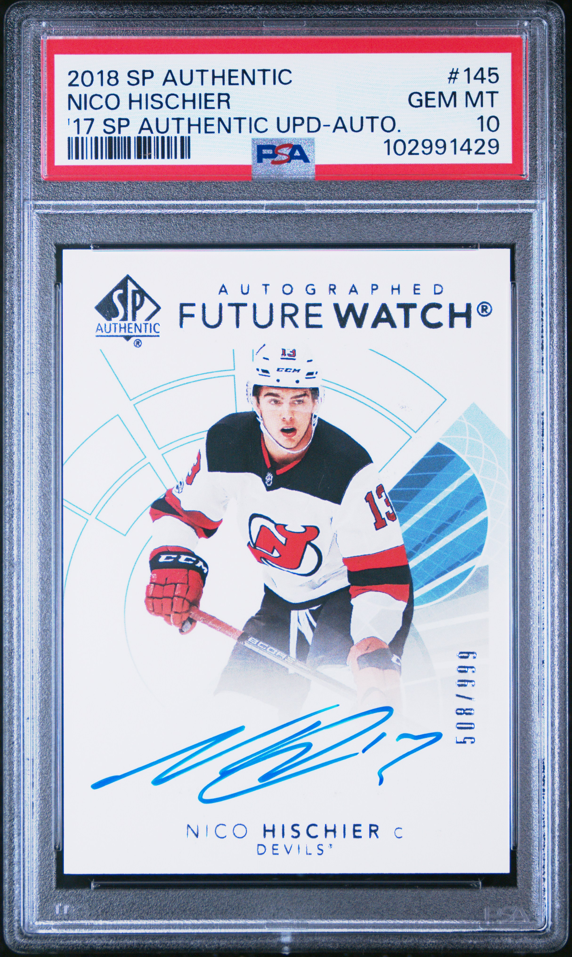 2018 Sp Authentic 2017-18 Sp Authentic Update Nico Hischier #145 ('17 Sp Authentic Upd-Auto.) Gem Mt 10 front