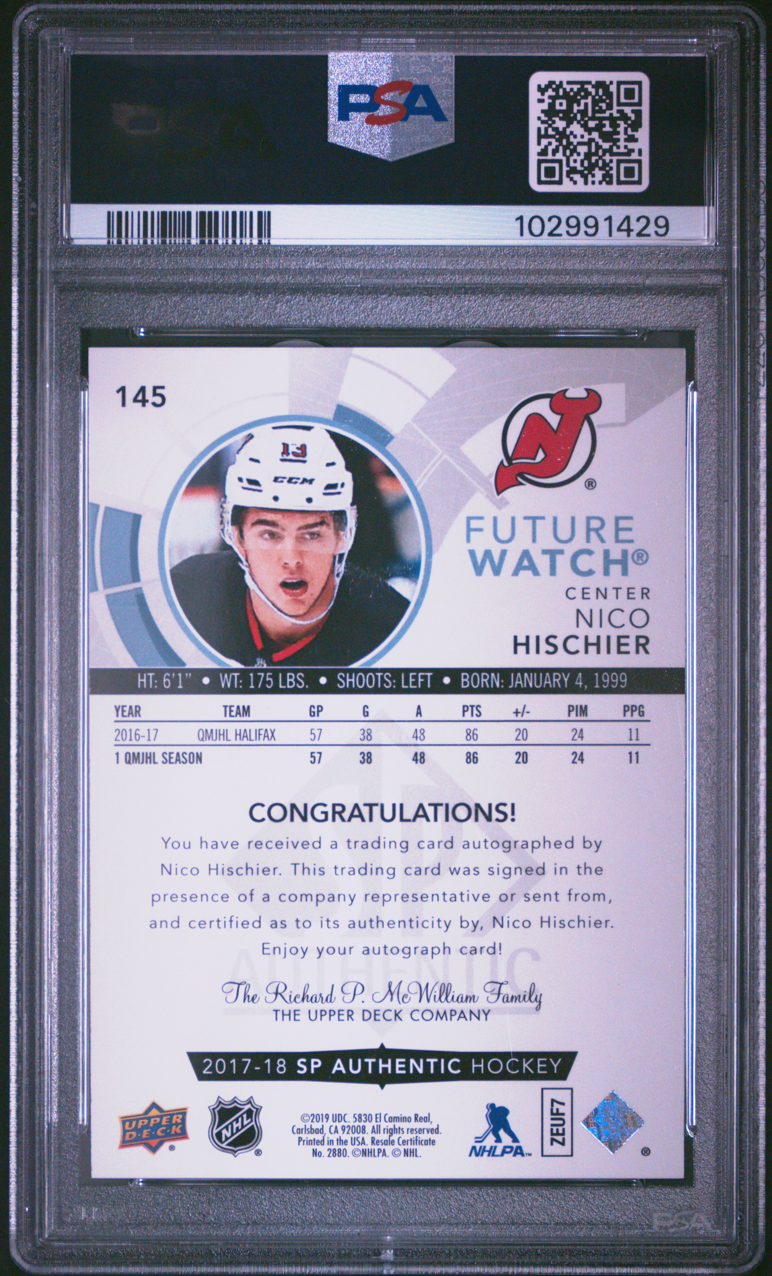2018 Sp Authentic 2017-18 Sp Authentic Update Nico Hischier #145 ('17 Sp Authentic Upd-Auto.) Gem Mt 10 back