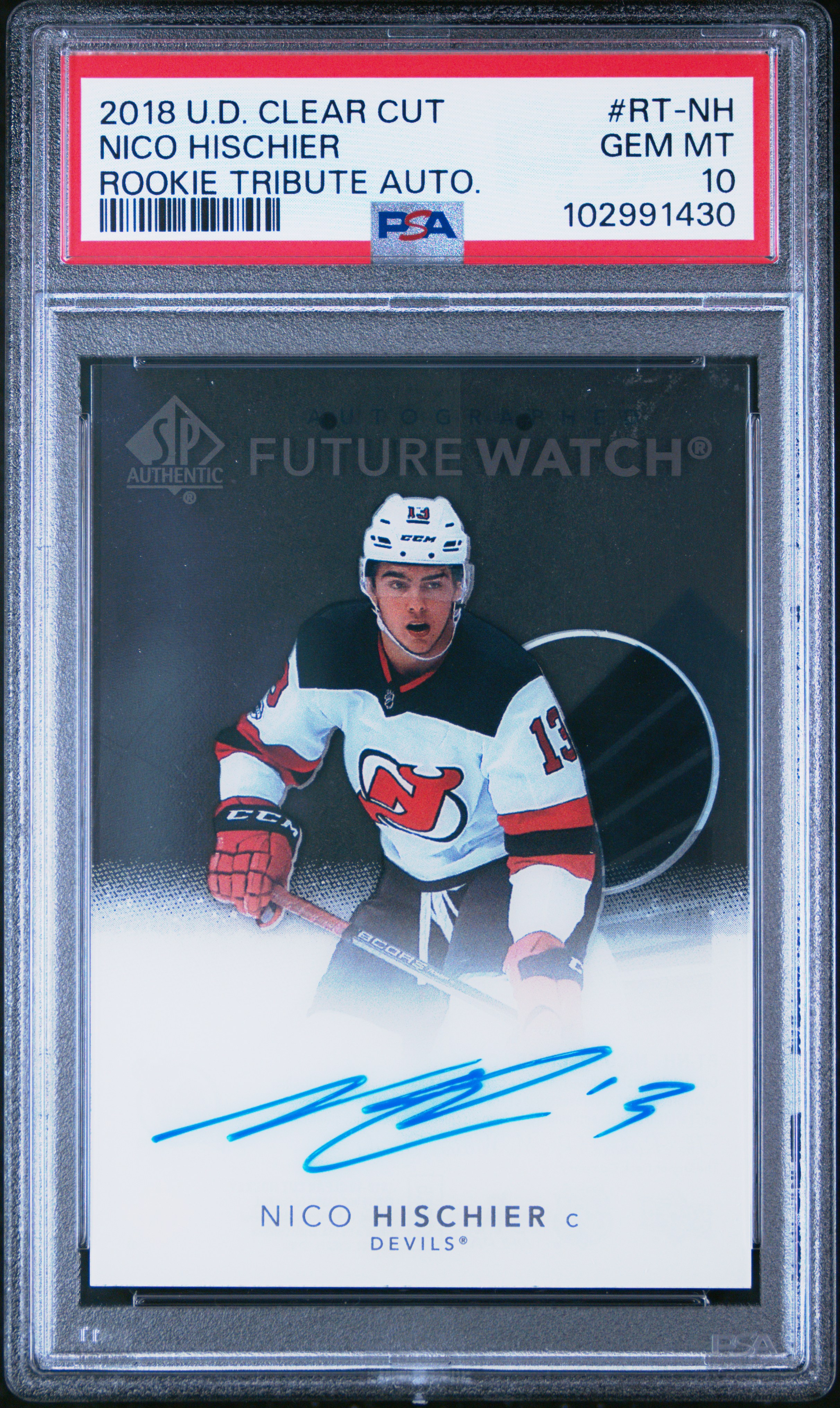 2018 Upper Deck Clear Cut Rookie Tribute Autographs Nico Hischier #Rt-Nh (Rookie Tribute Auto.) Gem Mt 10 front