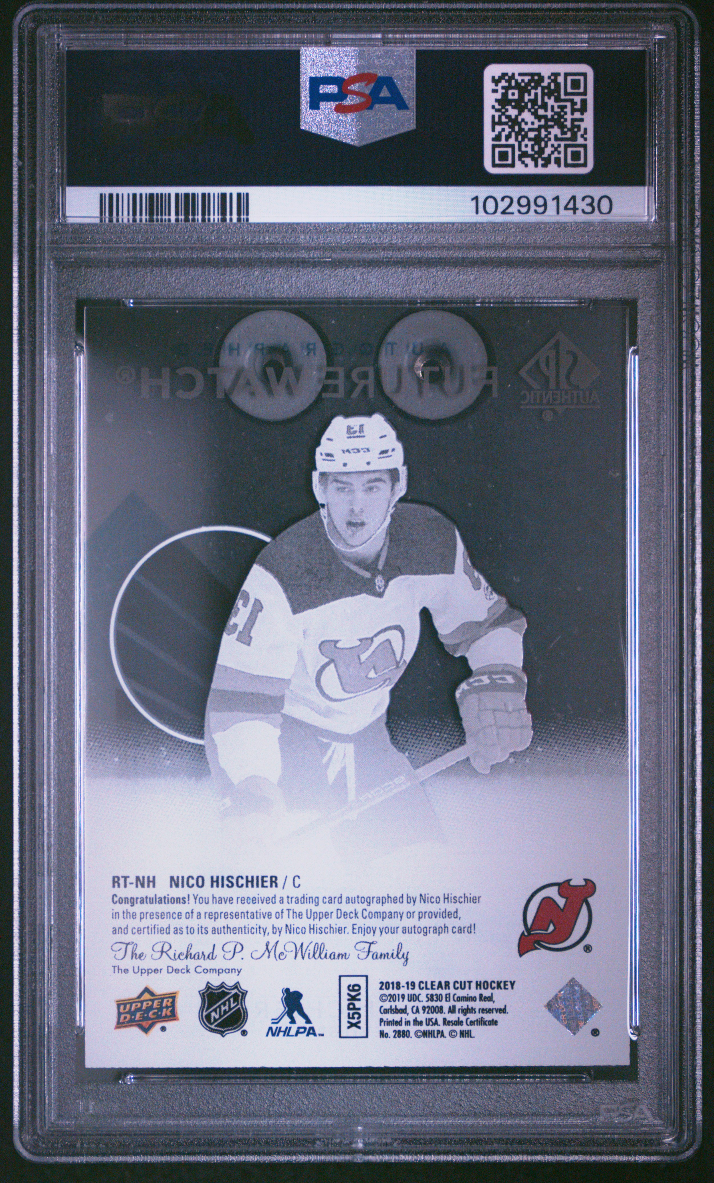 2018 Upper Deck Clear Cut Rookie Tribute Autographs Nico Hischier #Rt-Nh (Rookie Tribute Auto.) Gem Mt 10 back