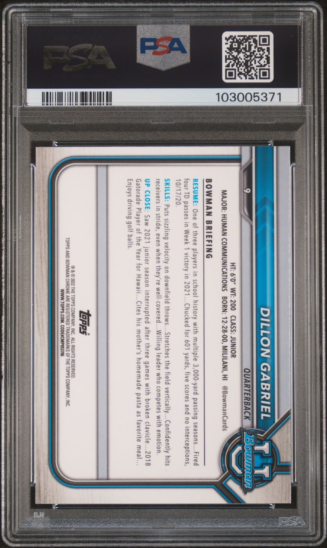 2021 Bowman University Chrome Prospects Dillon Gabriel #9 Gem Mt 10 back