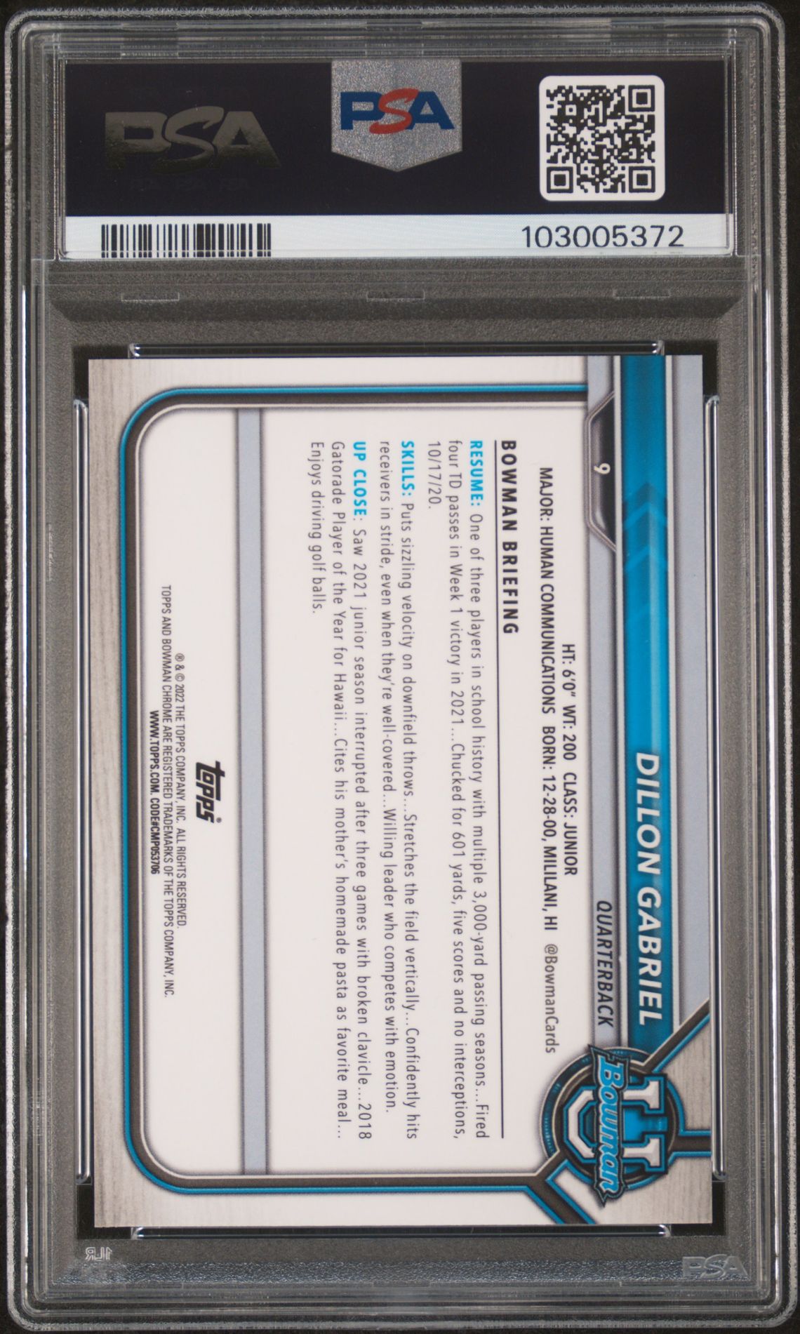 2021 Bowman University Chrome Prospects Dillon Gabriel #9 (Chr.prospects-Shimmer Ref.) Gem Mt 10 back