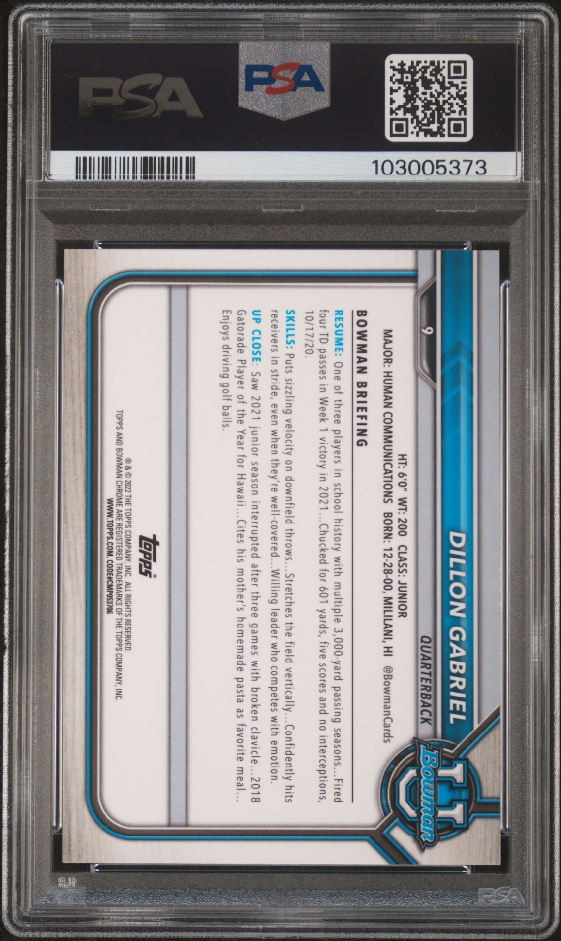 2021 Bowman University Chrome Prospects Dillon Gabriel #9 (Chr.prospects-Shimmer Ref.) Mint 9 back