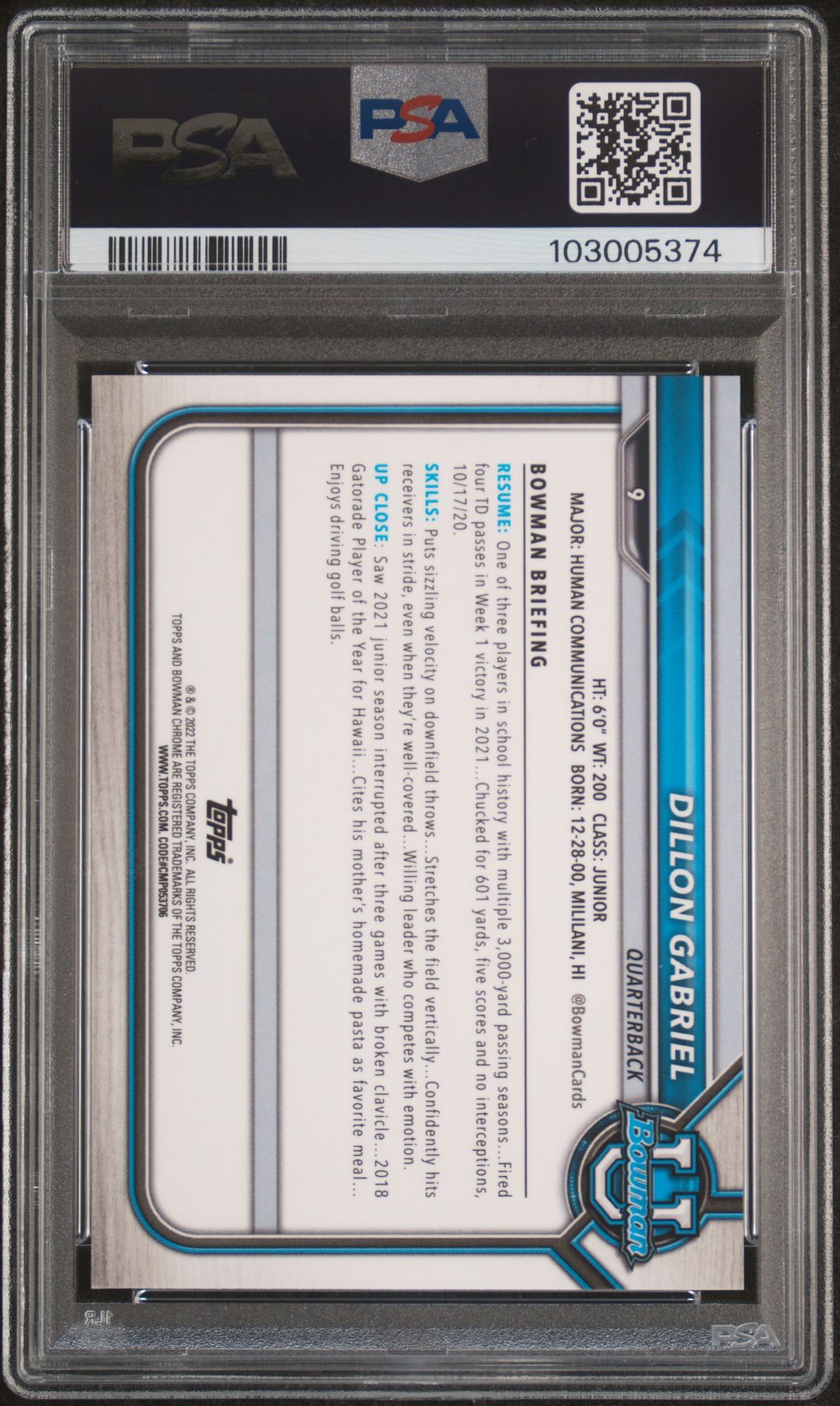 2021 Bowman University Chrome Prospects Dillon Gabriel #9 (Chr.prospects-Shimmer Ref.) Mint 9 back