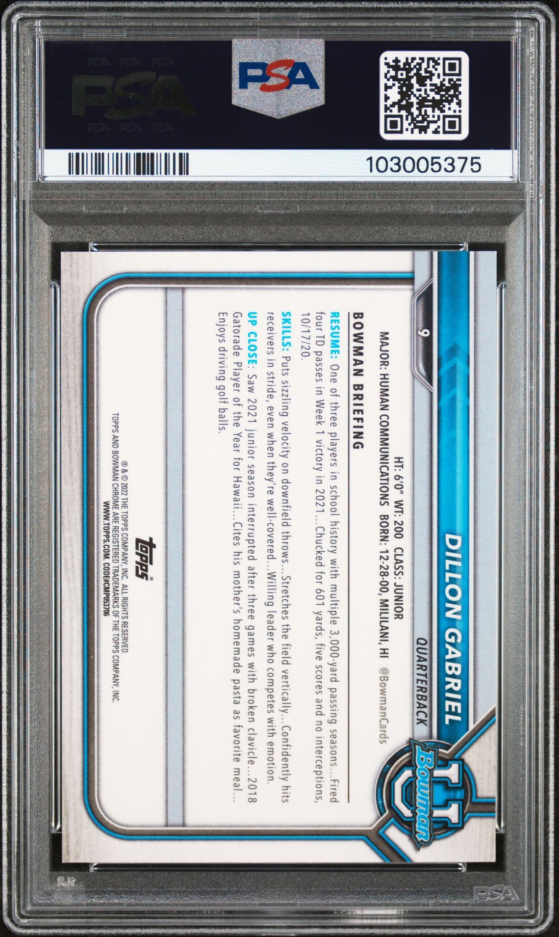 2021 Bowman University Chrome Prospects Dillon Gabriel #9 (Chrome Prospects-Lava Ref.) Gem Mt 10 back