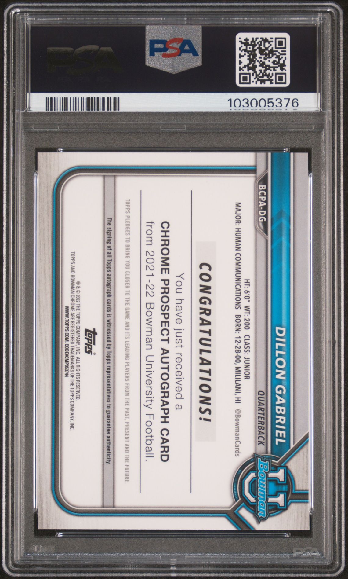 2021 Bowman University Chrome Prospect Autographs Dillon Gabriel #Dg (Chrome Prospect Auto.) Gem Mt 10 back