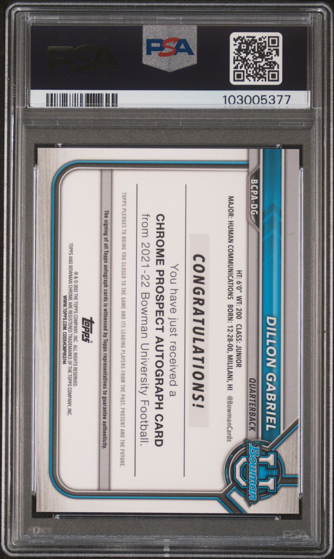 2021 Bowman University Chrome Prospect Autographs Dillon Gabriel #Dg (Chrome Prospect Auto.) Mint 9 back