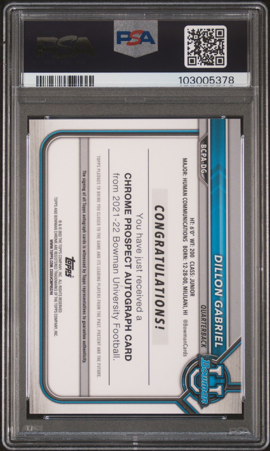 2021 Bowman University Chrome Prospect Autographs Dillon Gabriel #Dg (Chrome Prospect Auto.) Gem Mt 10 back