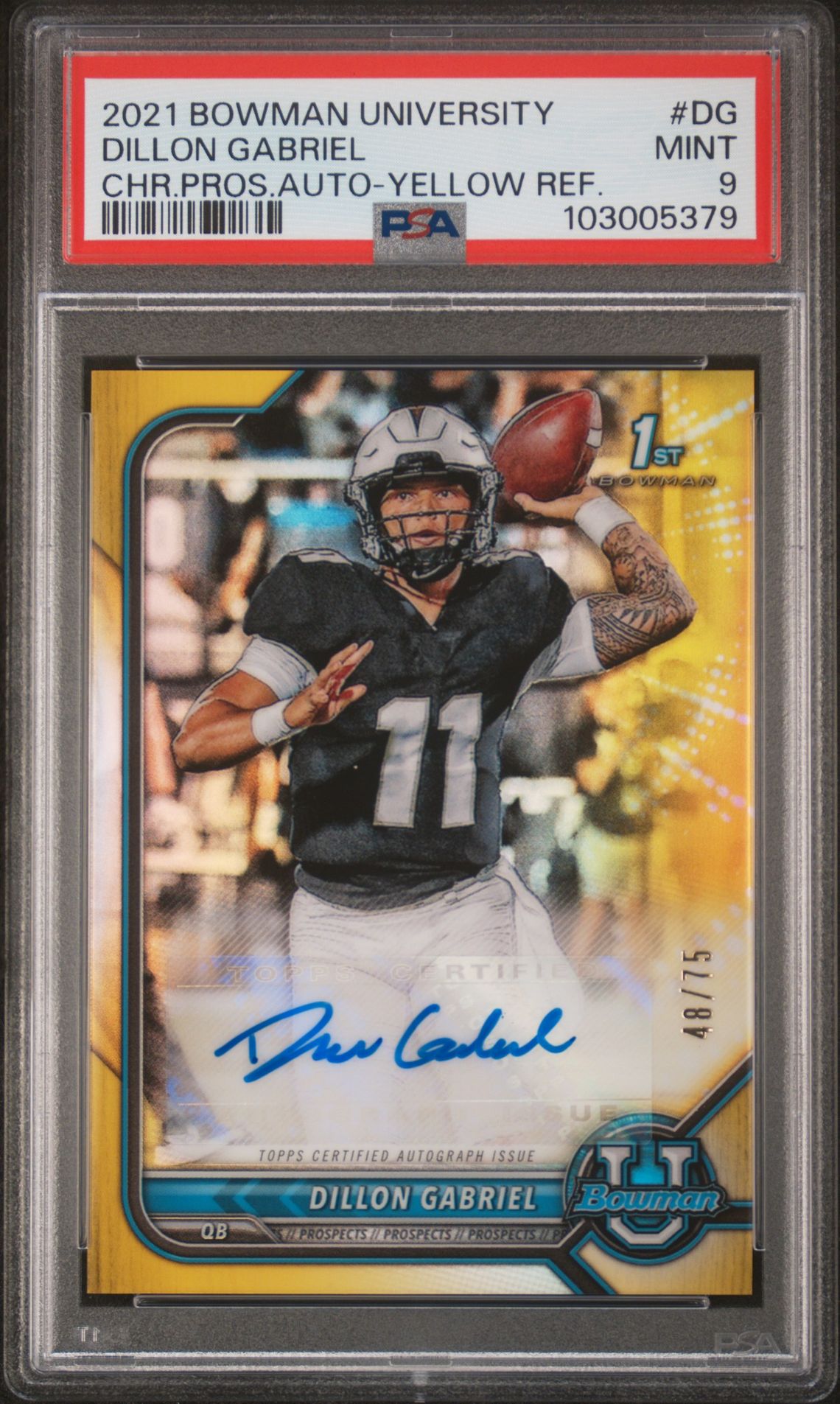 2021 Bowman University Chrome Prospect Autographs Dillon Gabriel #Dg (Chr.pros.auto-Yellow Ref.) Mint 9 front