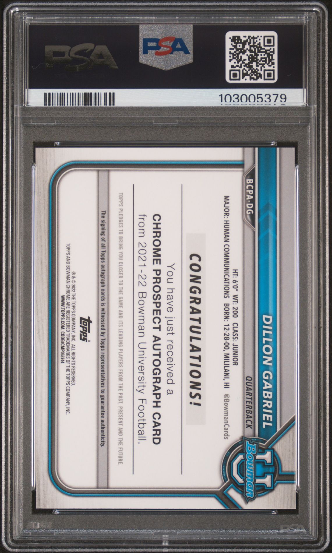 2021 Bowman University Chrome Prospect Autographs Dillon Gabriel #Dg (Chr.pros.auto-Yellow Ref.) Mint 9 back