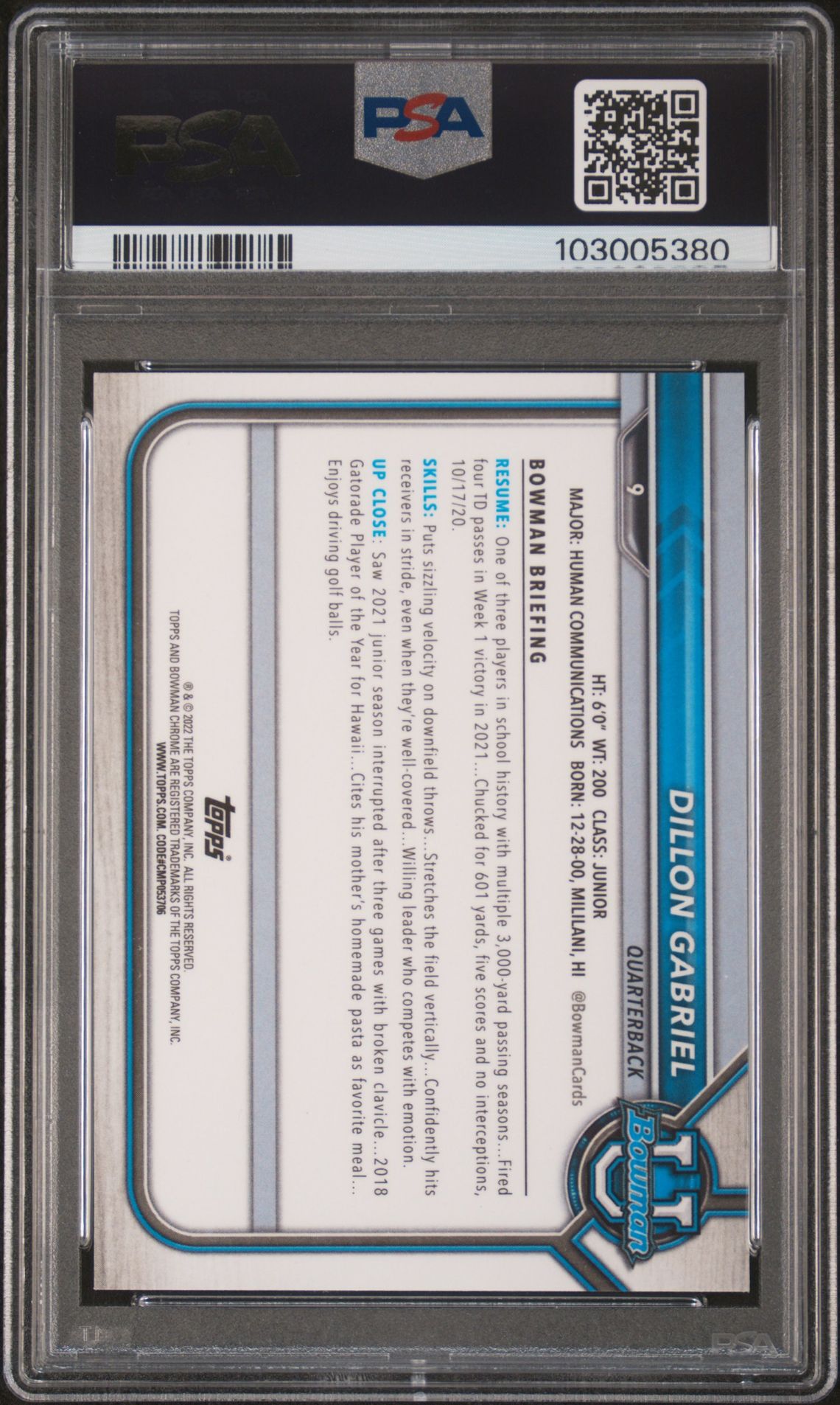 2021 Bowman University Chrome Prospects Dillon Gabriel #9 (Chr.prospects-Yellow Ref.) Mint 9 back