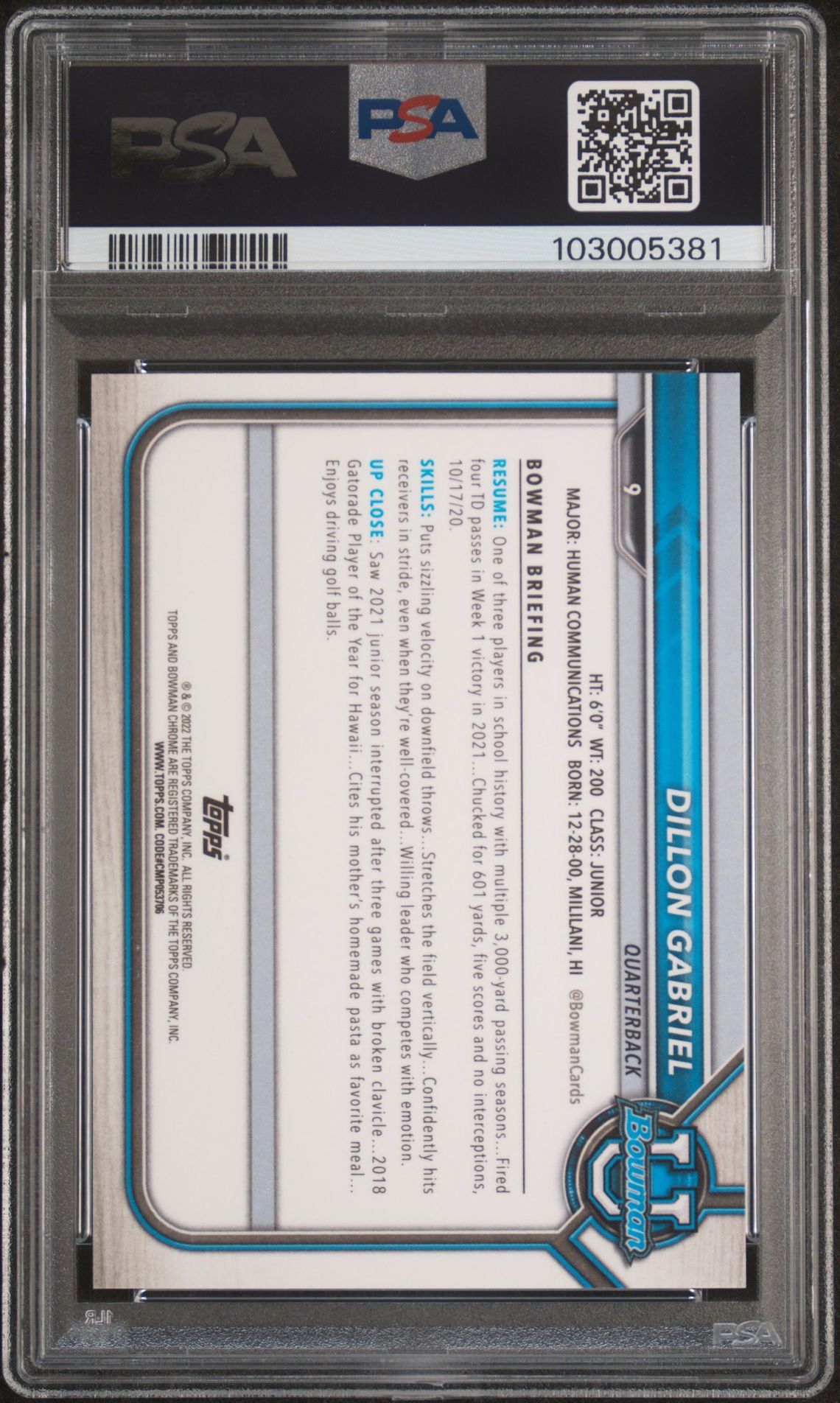 2021 Bowman University Chrome Prospects Dillon Gabriel #9 (Chr.prospects-Yellow Ref.) Gem Mt 10 back