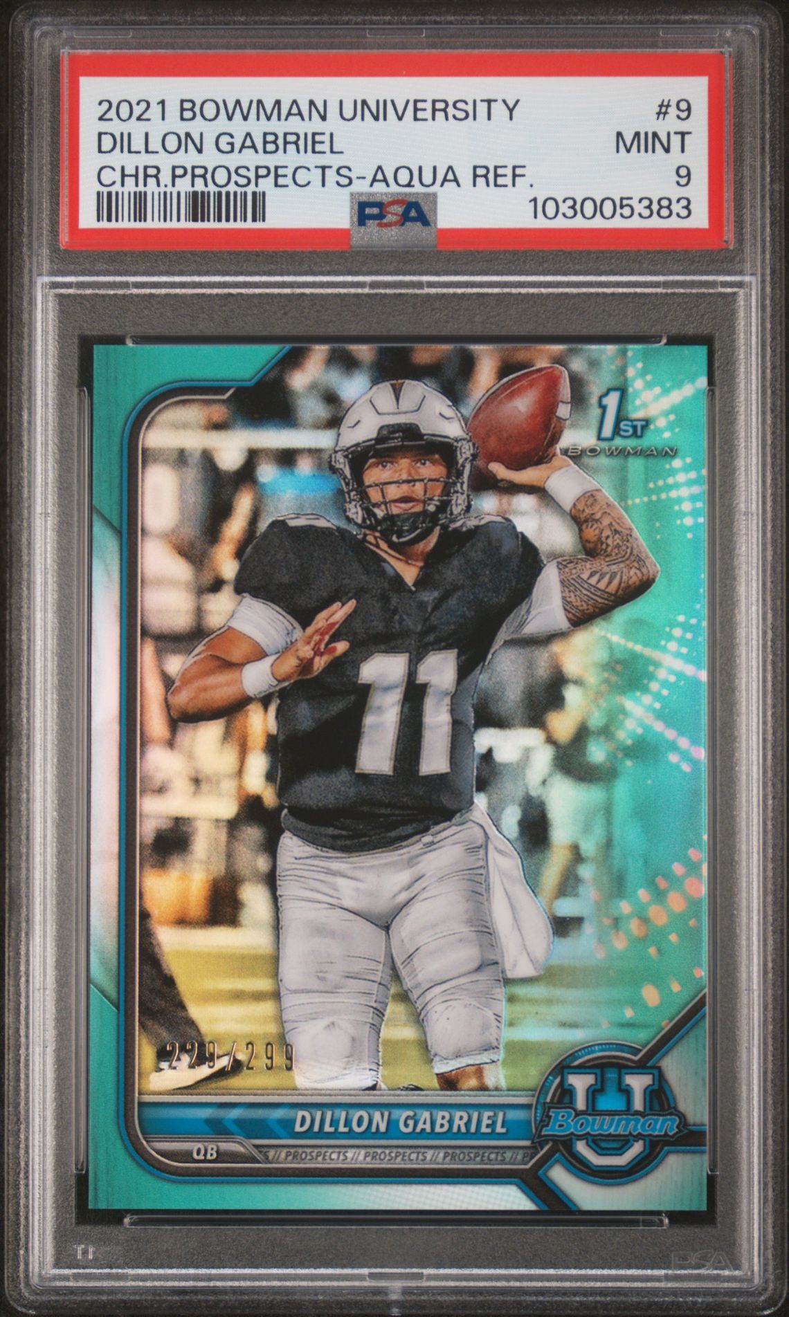 2021 Bowman University Chrome Prospects Dillon Gabriel #9 (Chr.prospects-Aqua Ref.) Mint 9 front