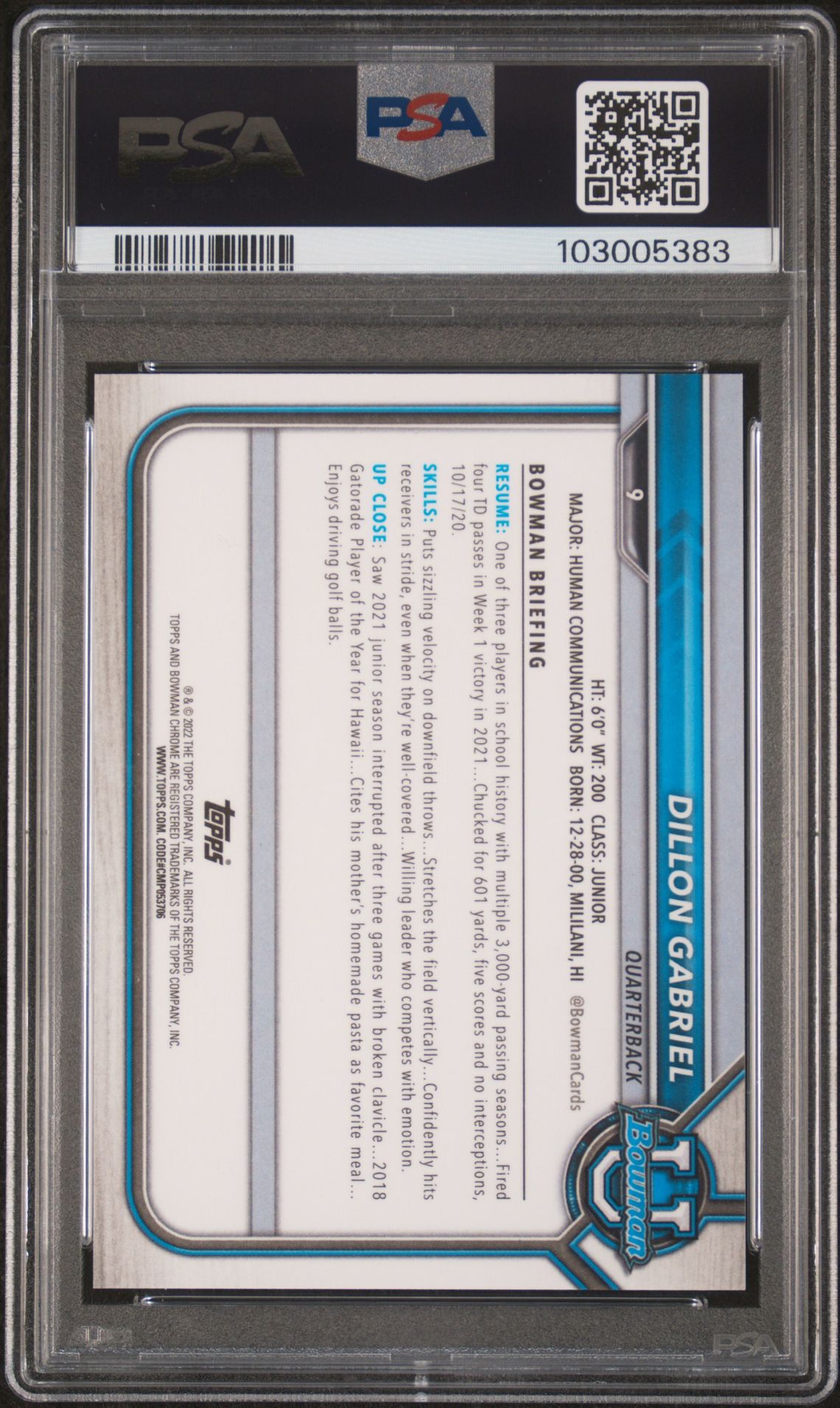 2021 Bowman University Chrome Prospects Dillon Gabriel #9 (Chr.prospects-Aqua Ref.) Mint 9 back