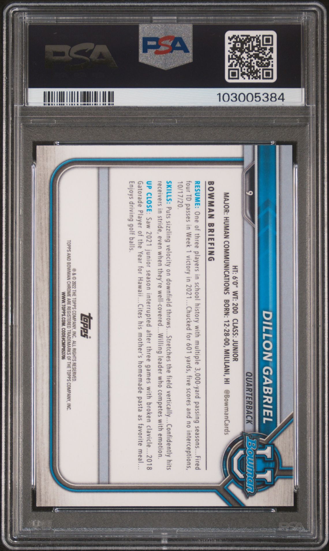 2021 Bowman University Chrome Prospects Dillon Gabriel #9 (Chr.prospects-Aqua Ref.) Gem Mt 10 back