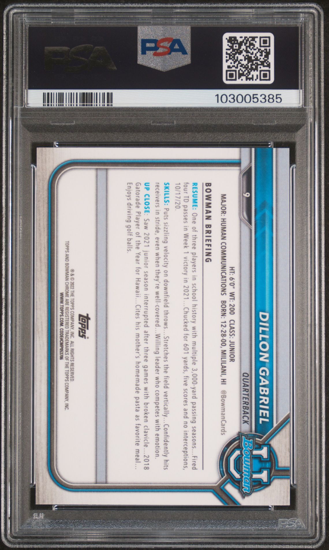 2021 Bowman University Chrome Prospects Dillon Gabriel #9 (Chr.prospects-Aqua Ref.) Gem Mt 10 back