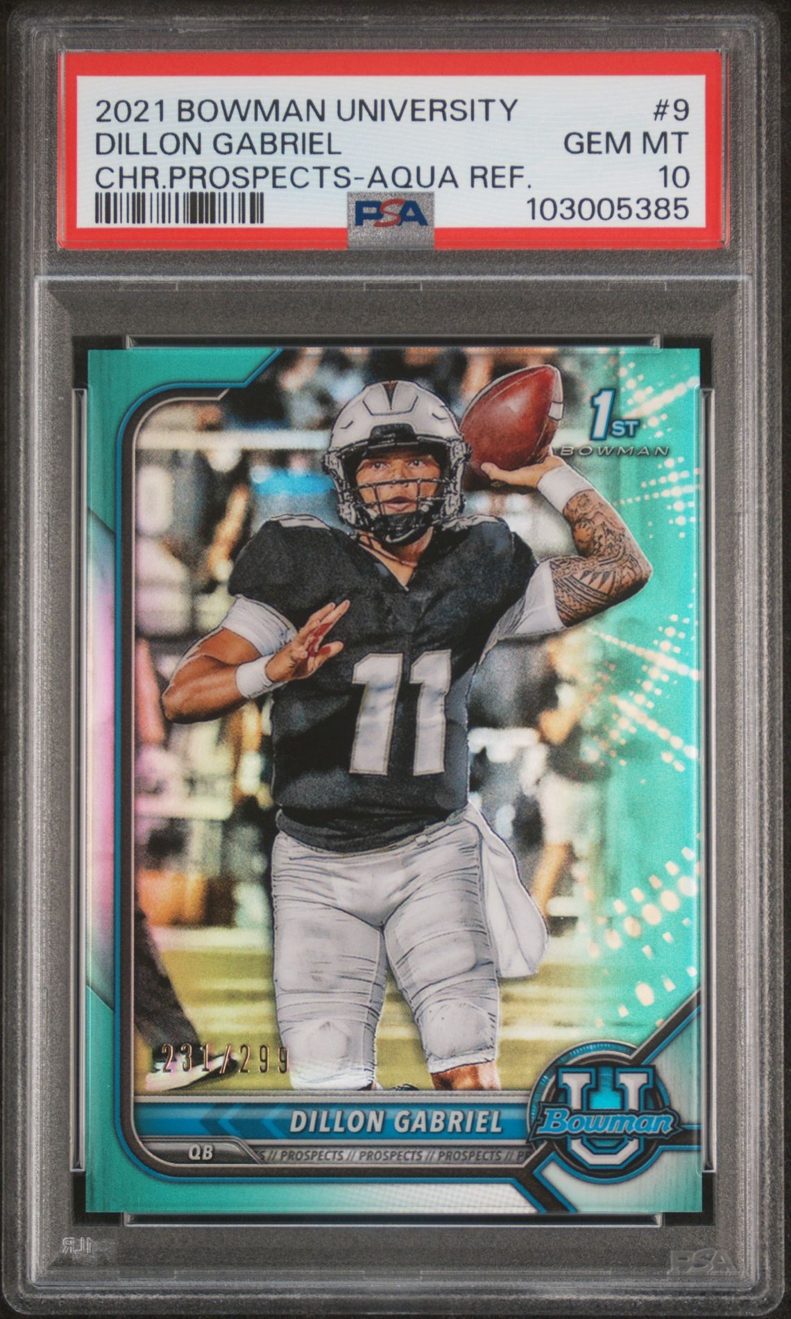 2021 Bowman University Chrome Prospects Dillon Gabriel #9 (Chr.prospects-Aqua Ref.) Gem Mt 10 front