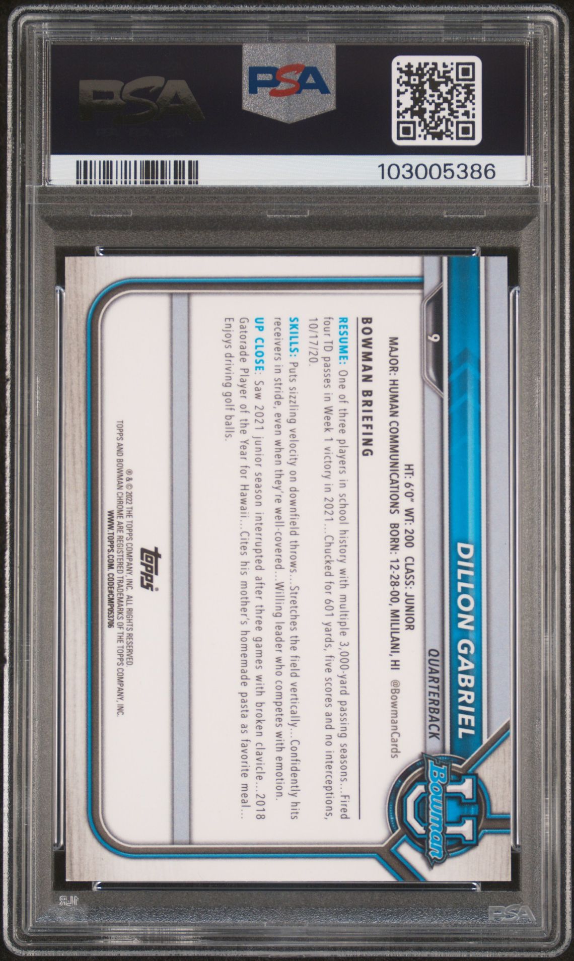 2021 Bowman University Chrome Prospects Dillon Gabriel #9 (Ch.prs-Fuchsia Mn.dmd.ref.) Mint 9 back