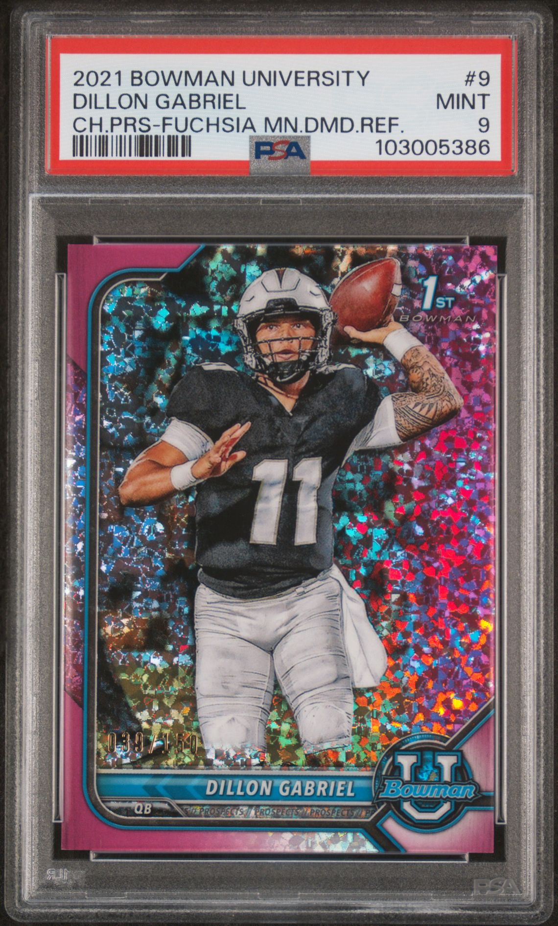 2021 Bowman University Chrome Prospects Dillon Gabriel #9 (Ch.prs-Fuchsia Mn.dmd.ref.) Mint 9 front