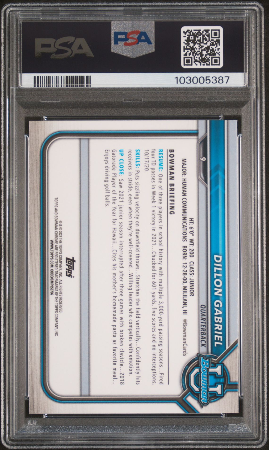 2021 Bowman University Chrome Prospects Dillon Gabriel #9 (Chr.prospects-Pink Ref.) Mint 9 back